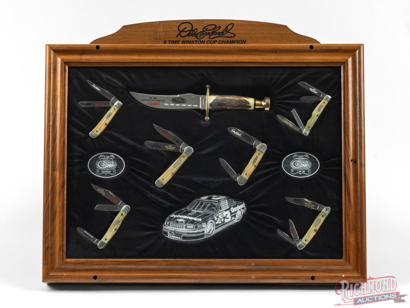 Case XX 6-Time Nascar Champion Dale Earnhardt Bowie & Six Folder Knives Set: This display set is commemorative to Dale Earnhardt for his 6-time Winston Cup championship. Features a Case Kodiak etched "Six-Time Winston Cup Champion" with a round stag handle. Also includes six