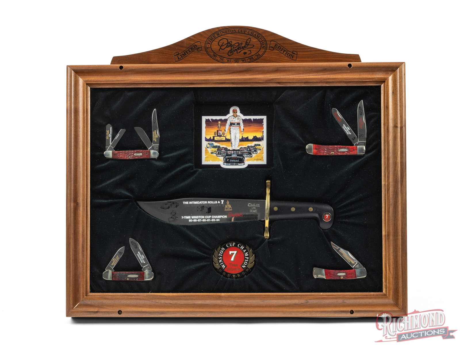 Case XX 7-Time Nascar Champion Dale Earnhardt Bowie & Four Folder Knives Set: This display set is commemorative to Dale Earnhardt for his 7-time Winston Cup championship. Features a Case Bowie etched "The Intimidator Rolls a 7" with a black hard rubber handle. Also includes