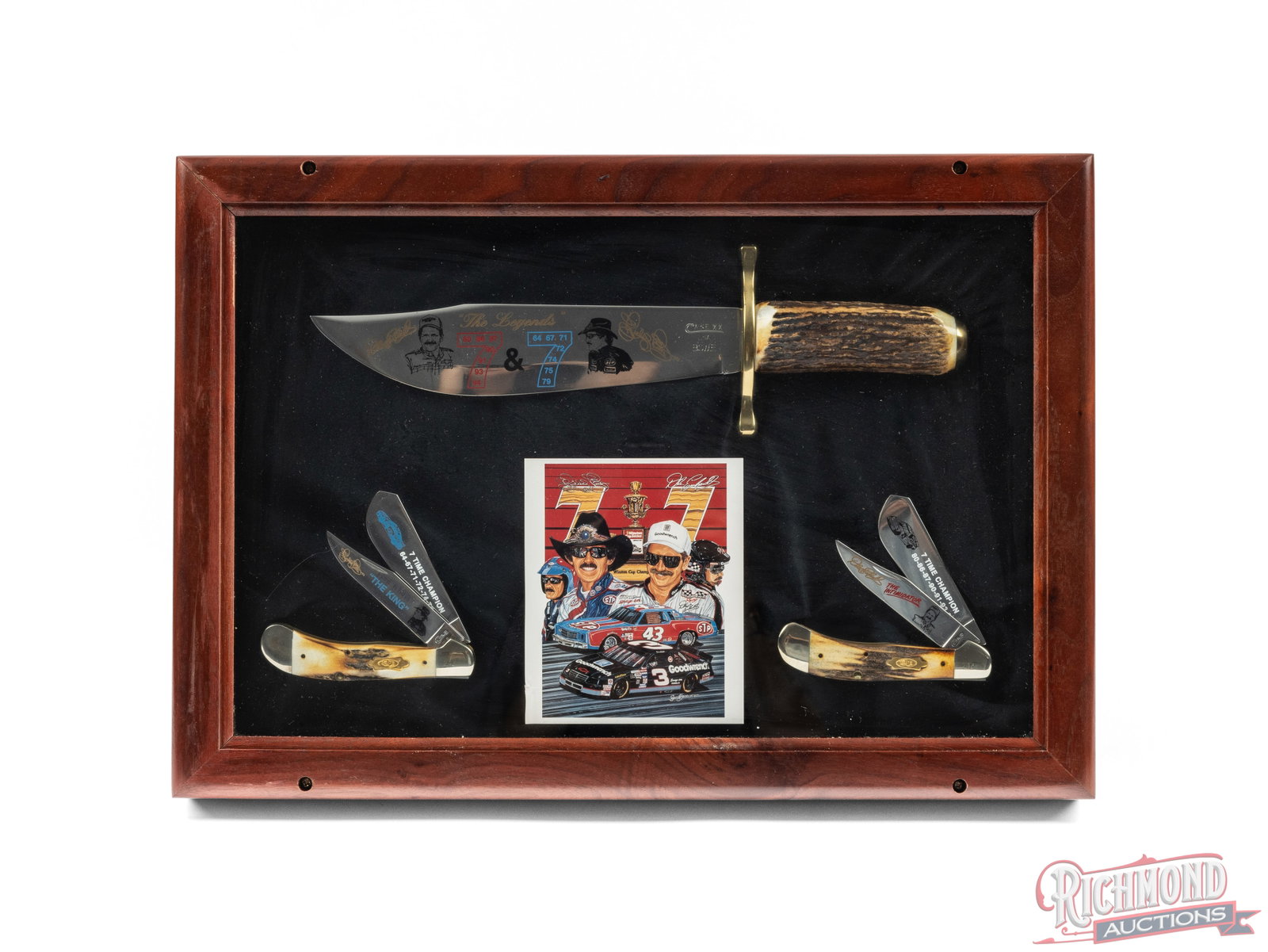 Case XX 7-Time Nascar Champion Dale Earnhardt & Richard Petty Bowie & Trapper Knives Set: This display set is commemorative to Richard Petty and Dale Earnhardt for their 7-time championship. Features a Case Bowie and two, two-blade Trapper models. All blades are etched to tribute both