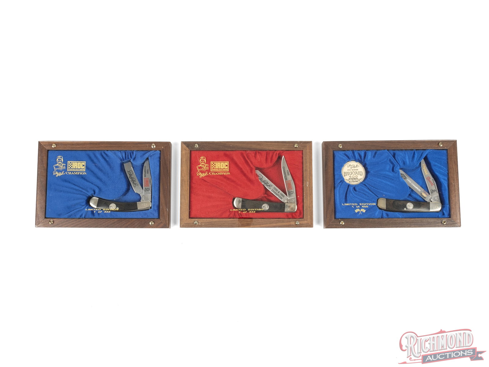 Three Limited Edition Frost Cutlery Dale Earnhardt Commemorative Folder Knives: All three knives are Frost Cutlery brands and each come in their individual velvet lined wood and plexiglass display cases. All commemorate Dale Earnhardt and limited edition. One COA for the IROC