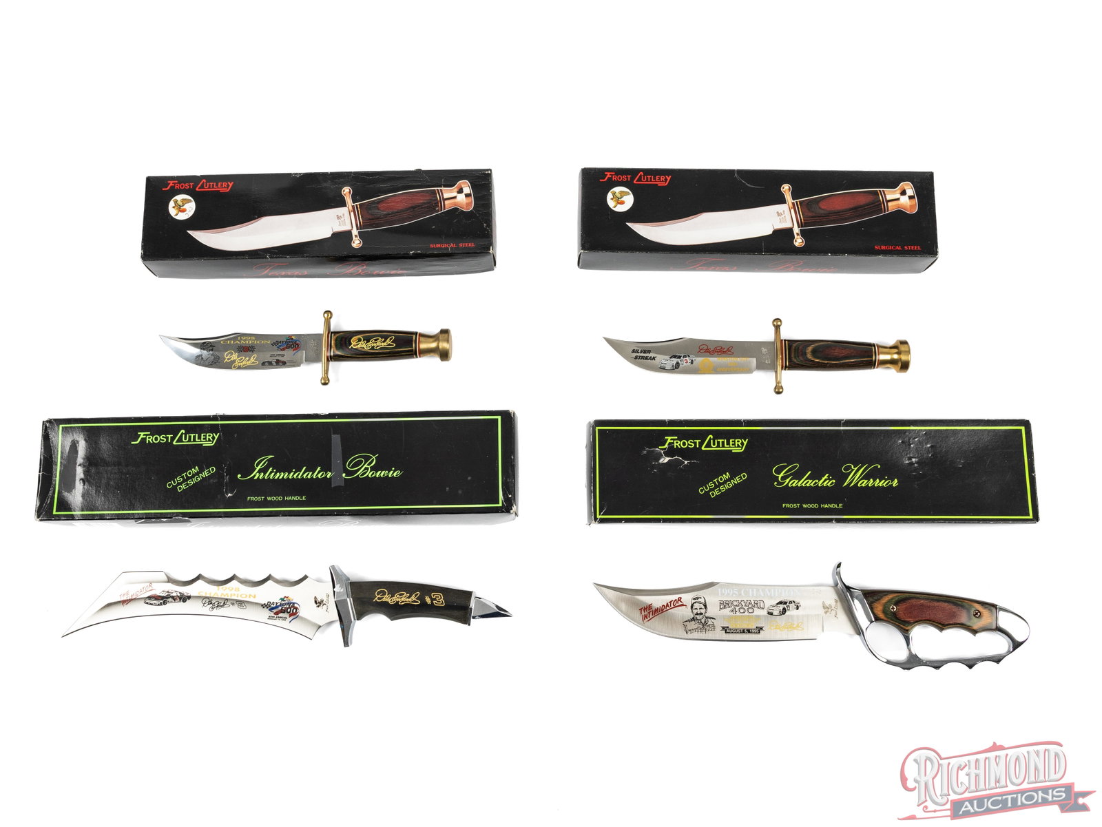 Four Frost Cutlery Fixed Blade Texas & Intimidator Bowie Knives Dale Earnhardt Commemorative: This lot includes four Frost Cutlery bowie knives to commemorate Dale Earnhardt. Each fixed blade knife comes in the original box and features laminated wood handles and etched blades. Condition GOOD