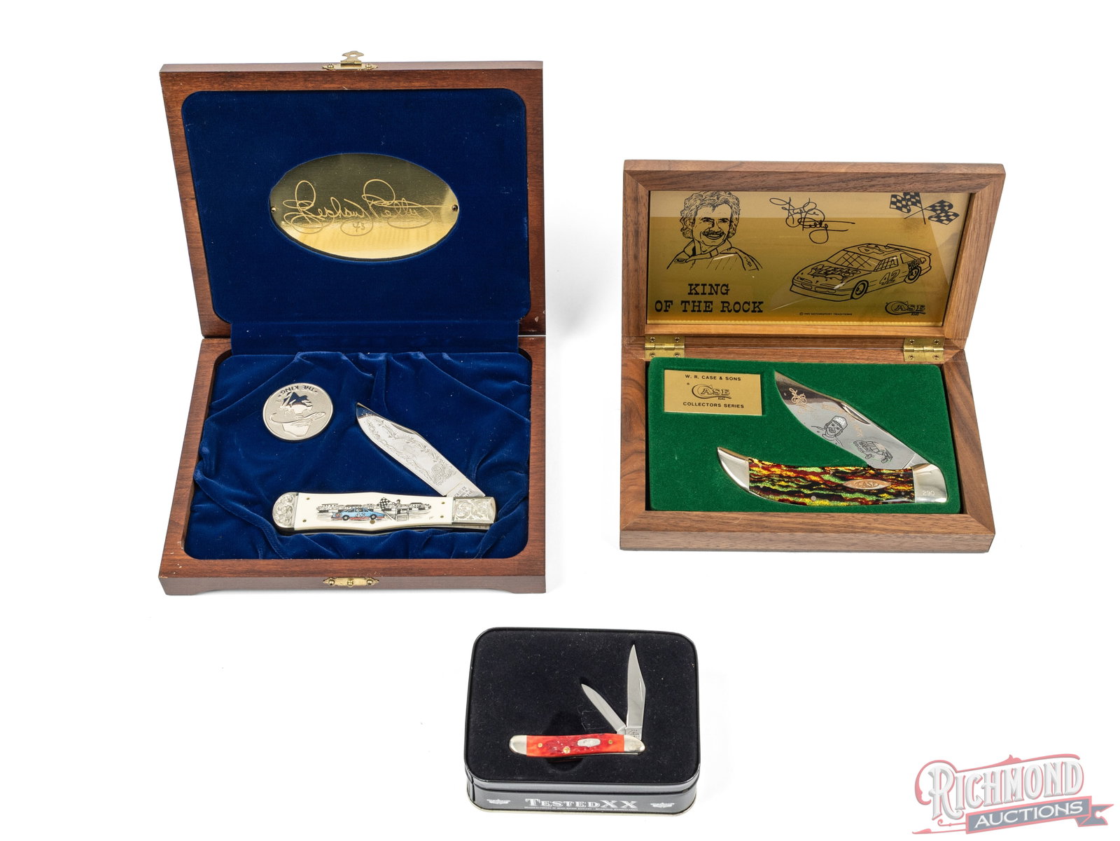 Case XX 1072, Coke Bottle and Peanut Richard & Kyle Petty Commemorative Knives: One Case XX model CT 1072 with a single etched blade and "Christmas Tree" celluloid handle commemorating Kyle Petty "King of The Rock". Comes in the original wood display case with COA #290 of 600 pro