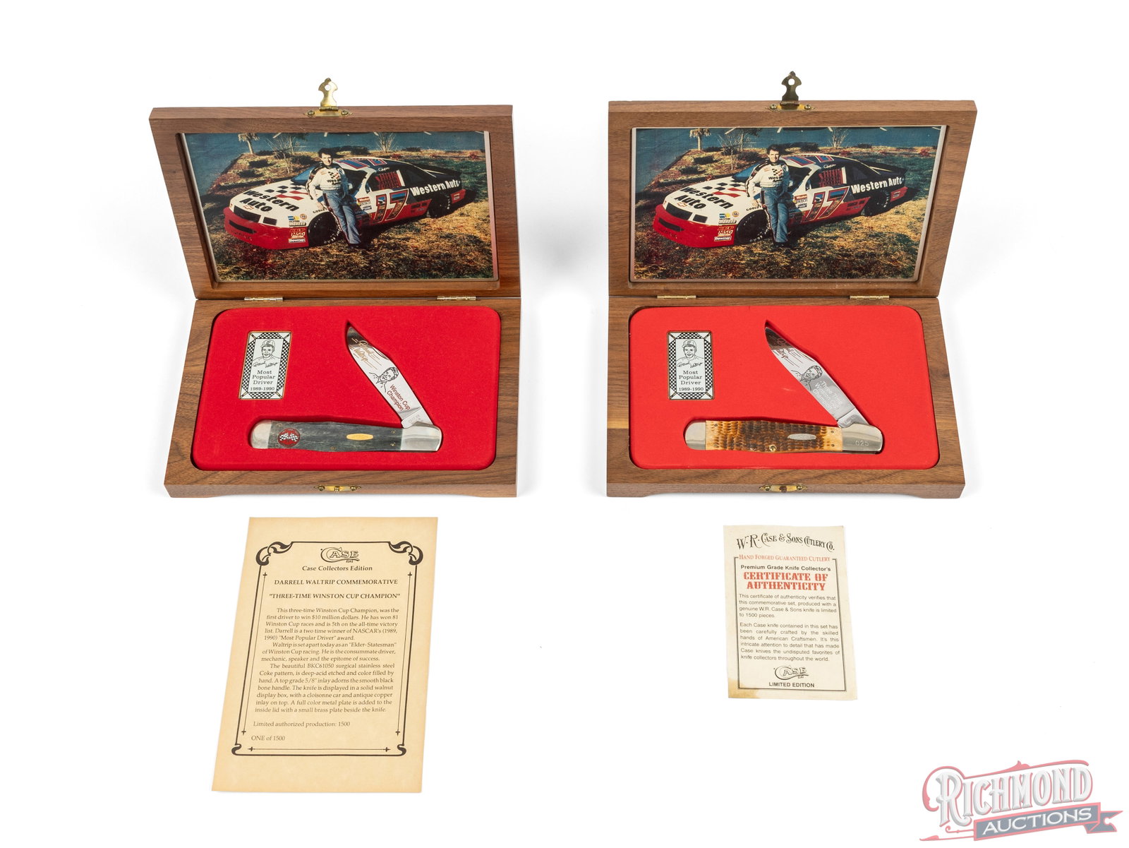 Two Case XX Large Coke Bottle Folder Knives Limited Edition Darrel Waltrip Commemorative: Both knives are models BKC61050 Coke Bottle folders with single etched blades "Three Time-Winston Cup Champion Darrel Waltrip". One features jigged chestnut bone handle the other is smooth black bone