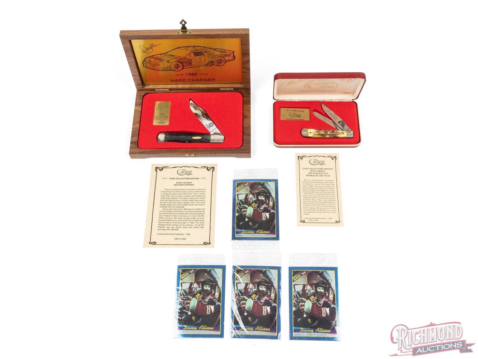 Two Case XX Trapper & Coke Bottle Folder Knives Jeff Gordon & Davey Allison Limited Edition: One Case XX model BKC1050 Coke Bottle folder features a single etched blade "1992 Hard Charger Davey Allison" with smooth black bone handle. Comes in the original wood case with COA, one of 1000. One 