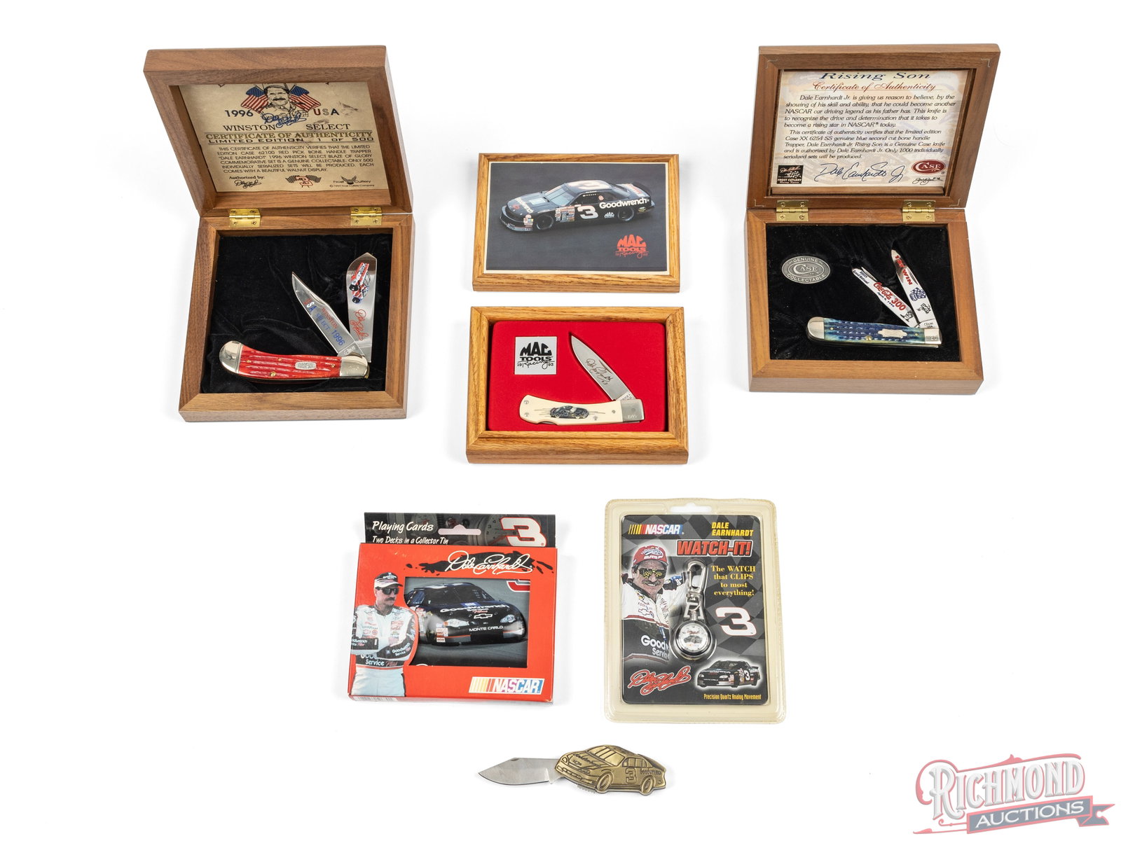 Dale Earnhardt Lot Case XX Trapper Knives, Collector Playing Cards, Schrade Knife & Watch Clip: This lot includes two Case XX brand commemorative Trapper knives. One model 6254 Dale Jr "Coca-Cola 300- 1st Win" knife with jigged blue bone handles. Comes in the original wood display case. One