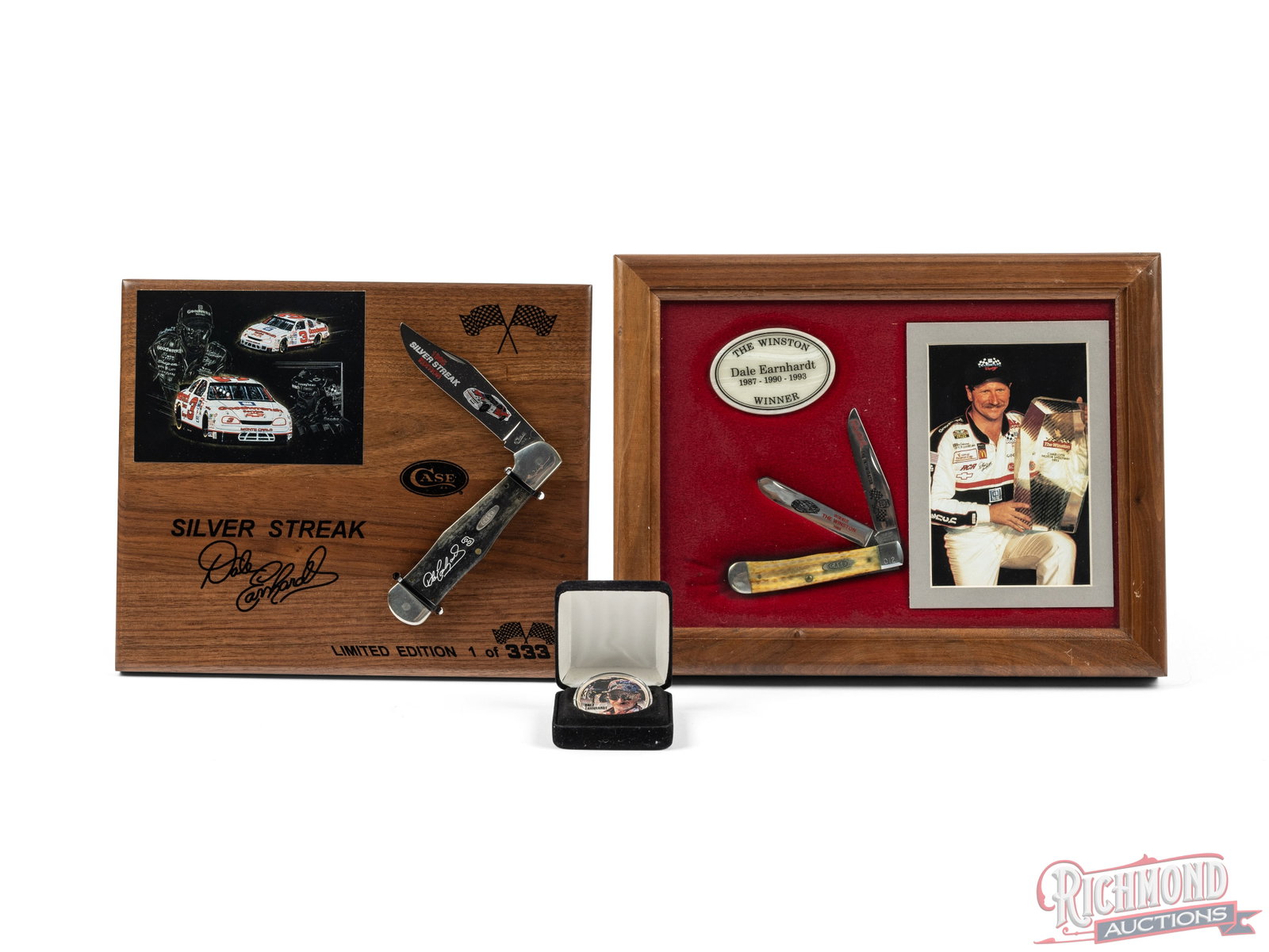 Two Case XX Limited Edition Dale Earnhardt Folder Knives on Display Plaques & 1 oz Silver Dollar (1 of 2)