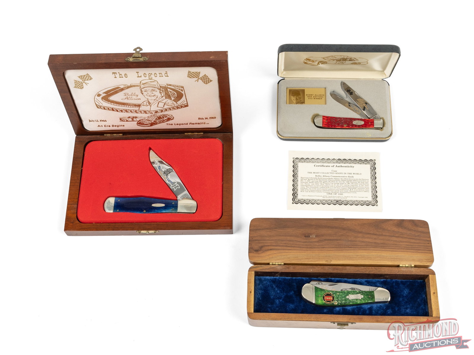 Three Case XX Limited Edition Nascar Driver Commemorative Folder Knives Trapper & Coke Bottle: This lot includes a model R6254SS Trapper with two etched blades commemorating Bobby Allison's 1988 Daytona win with jigged red bone handles. Comes in the original case with COA, number 532 of 1000