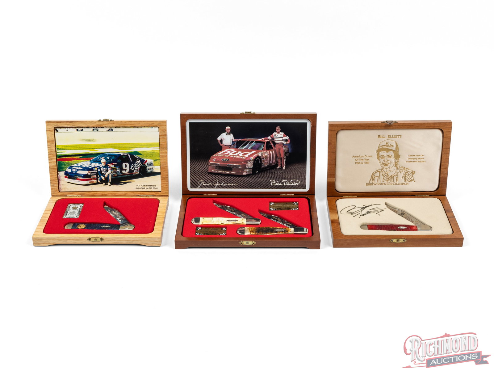 Four Case XX Large Coke Bottle Folder Knives Limited Edition Bill Elliott Commemorative: Three Case XX sets totaling four Large Coke Bottle single blade knives, all in the original wood display cases with the COA commemorating Nascar driver Bill Elliott. Each features etched blades with j