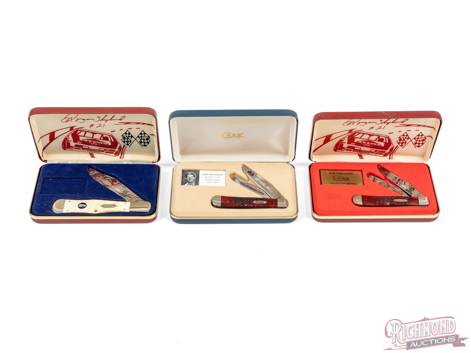 Three Case XX Folder Knives Limited Edition Nascar Driver Commemoratives: All three are Case XX brand knives in their original cases. One model DR6254 SS commemorating Neil Bonnett, "Member of the Alabama Gang". Features two etched blades and a jigged red bone handle. Inclu