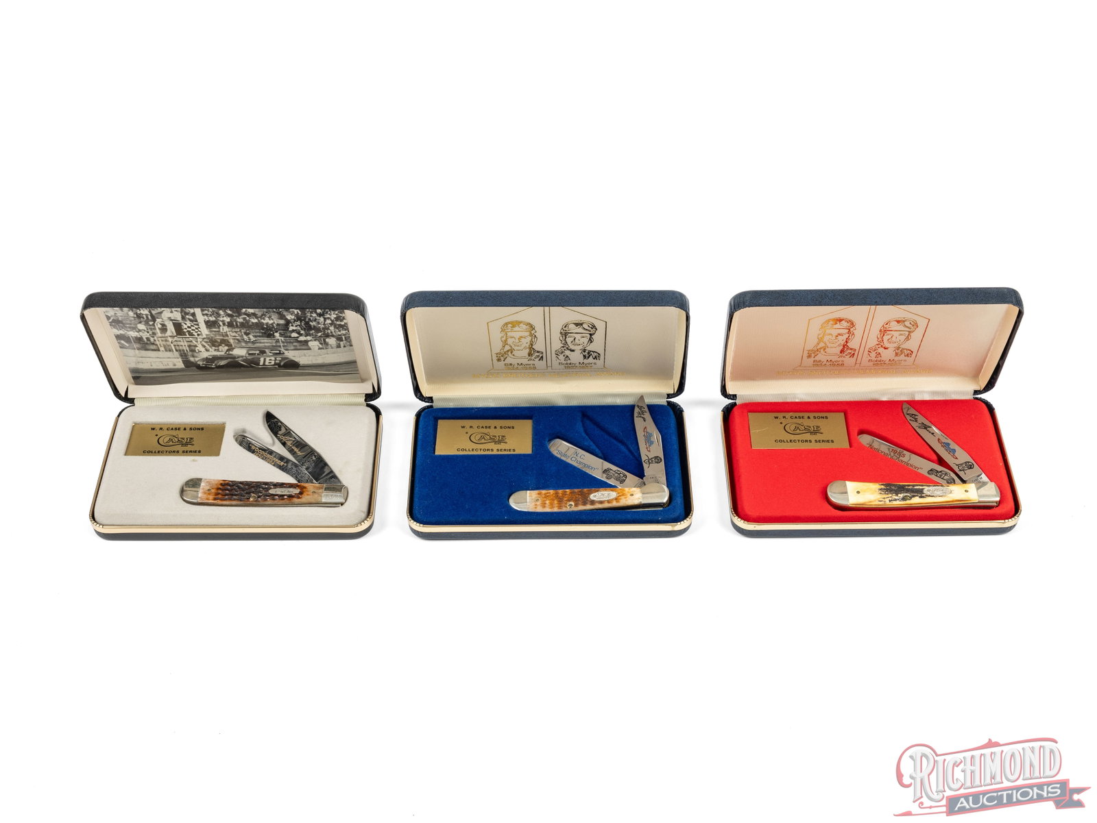 Three Case XX Trapper Limited Edition Folder Knives Stock Car Legends: All three are Case XX brand Trapper folder knives with two etched blades in their original cases, two with COA. One model ROGO6200SS Billy Myers 1955 National Champion commemorative with stag handles.