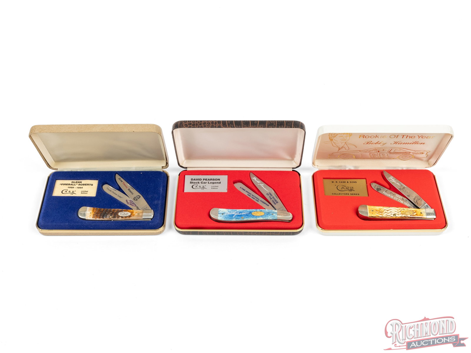 Three Case XX Trapper Limited Edition Folder Knives Stock Car Legends: All three are Case XX brand Trapper folder knives with two etched blades in their original cases, two with COA. One model BW6254 Bobby Hamilton 1991 Winston Cup Rookie of the Year commemorative with b