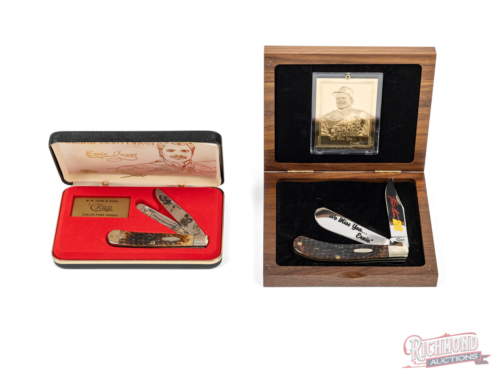 Two Case XX Folder Ernie Irvan Commemorative Knives With Bone Handles: Both are Case XX folder knives commemorating Nascar driver Ernie Irvan and come in their original cases. One model 62100 SS with two etched blades, jigged bone handle and gold tone collector card.
