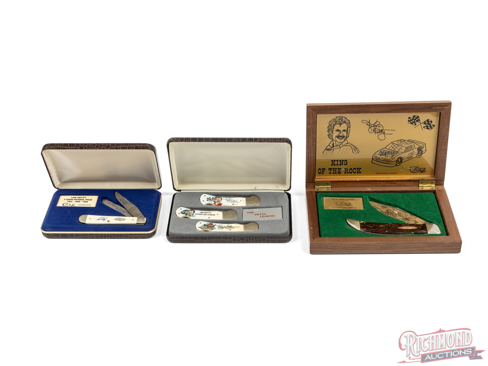 Case XX & Frost Cutlery The Petty Legend Commemorative Knives Lee, Richard & Kyle: This lot includes a Case XX model W624 SS two etched blade trapper commemorating Lee Petty, 3 Grand National Titles. Features smooth bone handles and comes in the original storage case. One Case XX mo