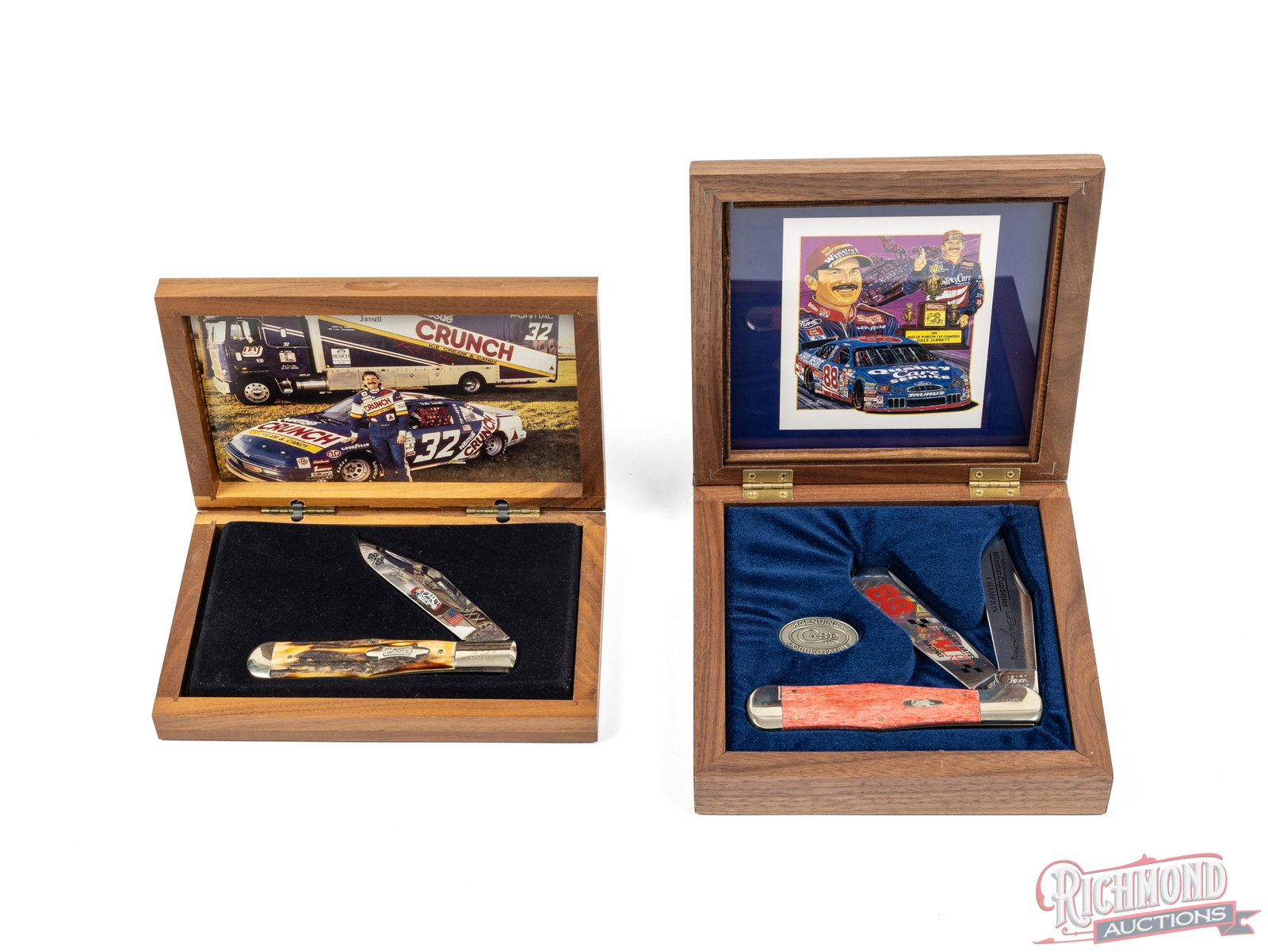 Two Case XX Limited Edition Folder Knives Nascar Dale Jarrett Commemoratives: Both knives are Case XX commemorating Nascar driver Dale Jarrett. Both come in the original wood display cases. One is a model C62050 SS with two etched blades and smooth red bone handles. One of 500
