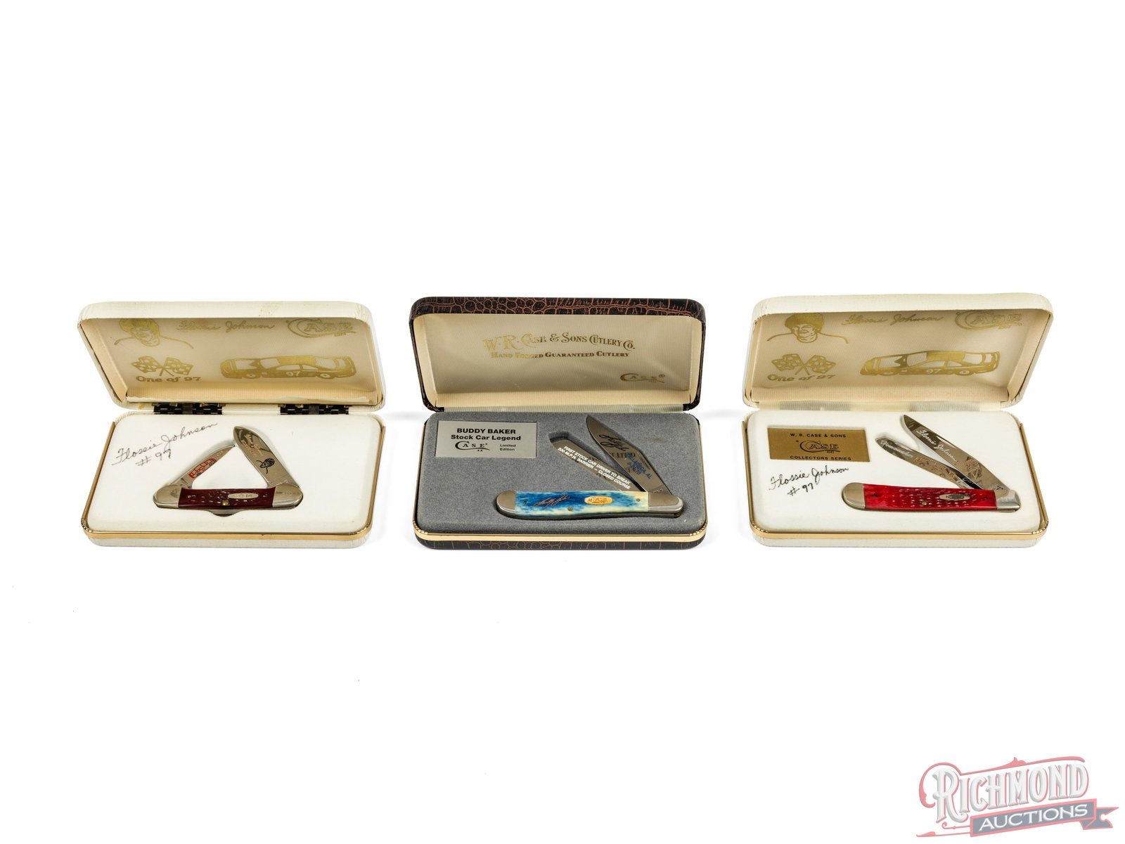 Three Case XX Trapper and Canoe Flossie Johnson & Buddy Baker Commemorative Knives: All three are Case XX brand in the original cases. One model 6240BSB trapper limited edition commemorating Buddy Baker, stock car legend. Features two etched blades, and blue smooth bone handles. Incl