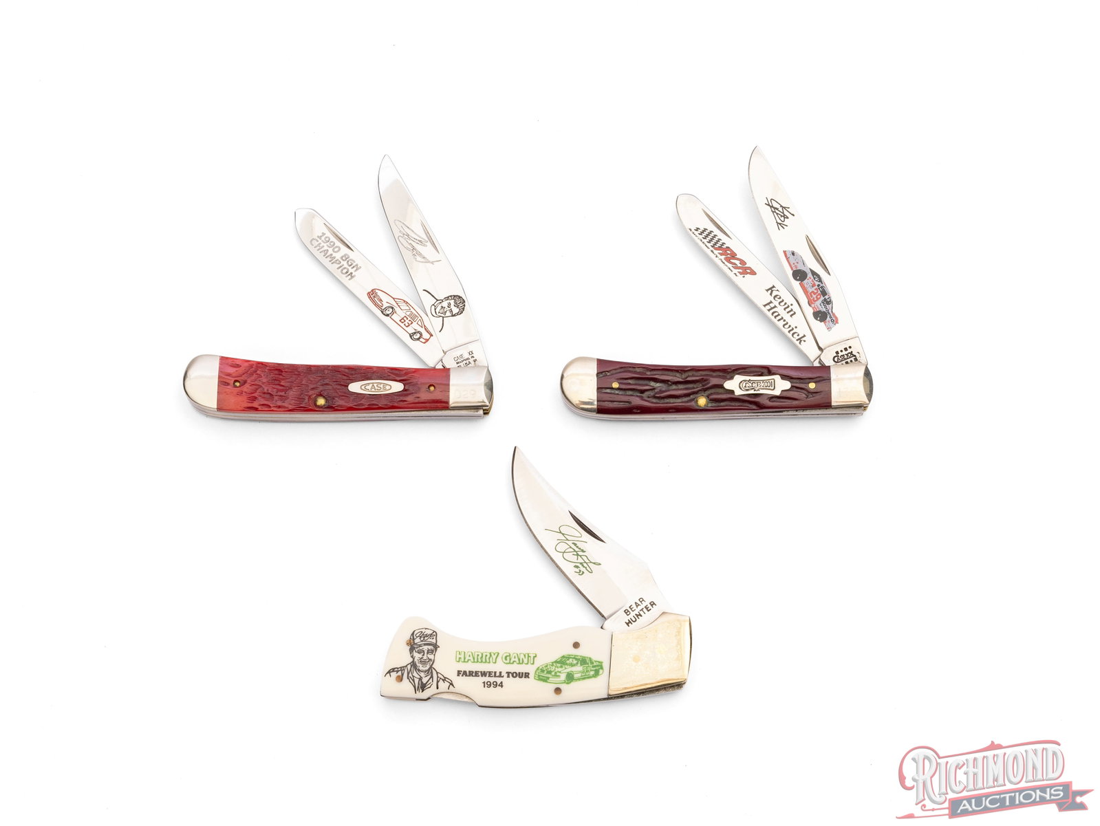 Three Nascar Collector Knives Two Case XX Trapper and One Frost Hunter Lockback - 2