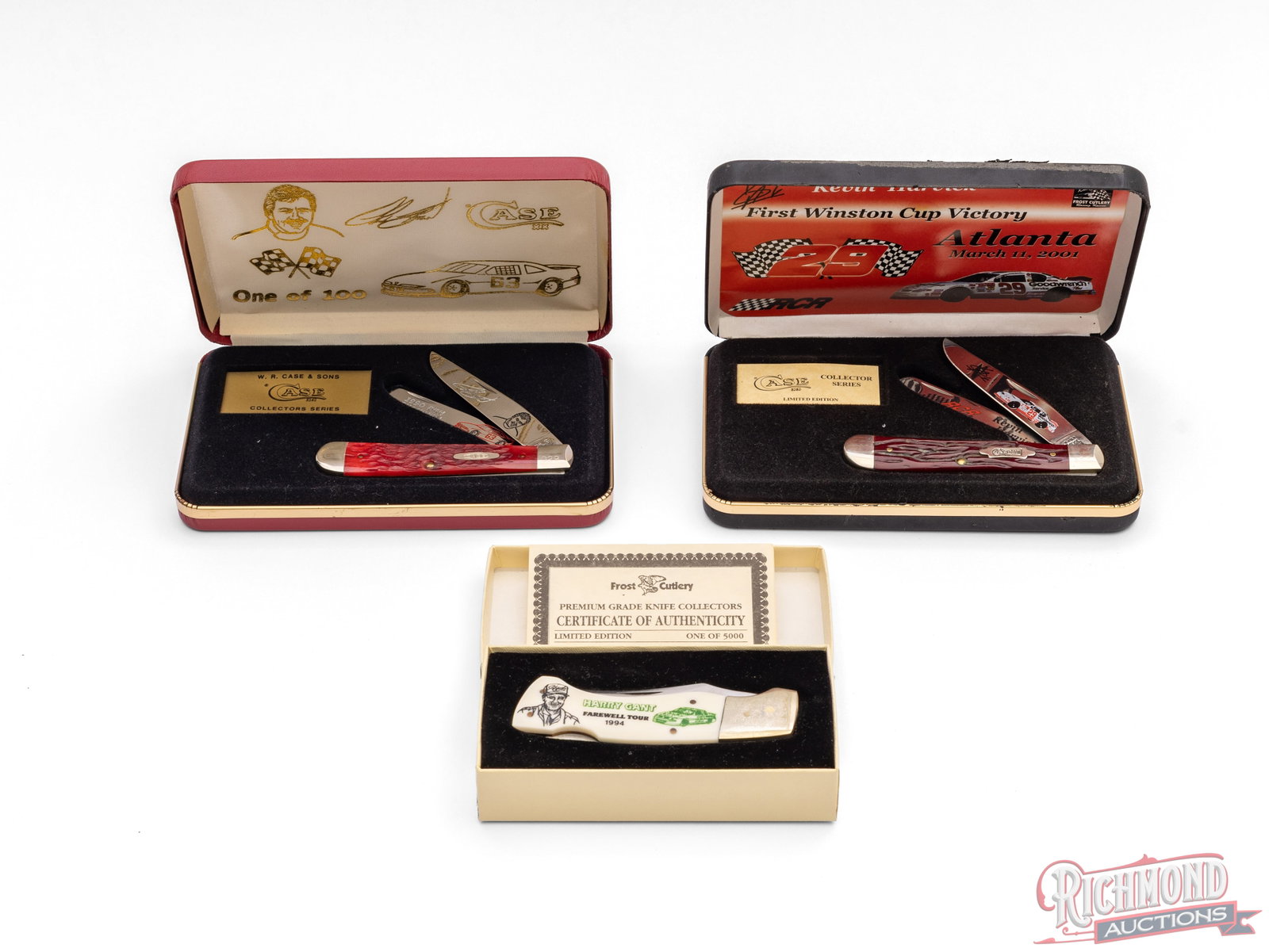 Three Nascar Collector Knives Two Case XX Trapper and One Frost Hunter Lockback - 4