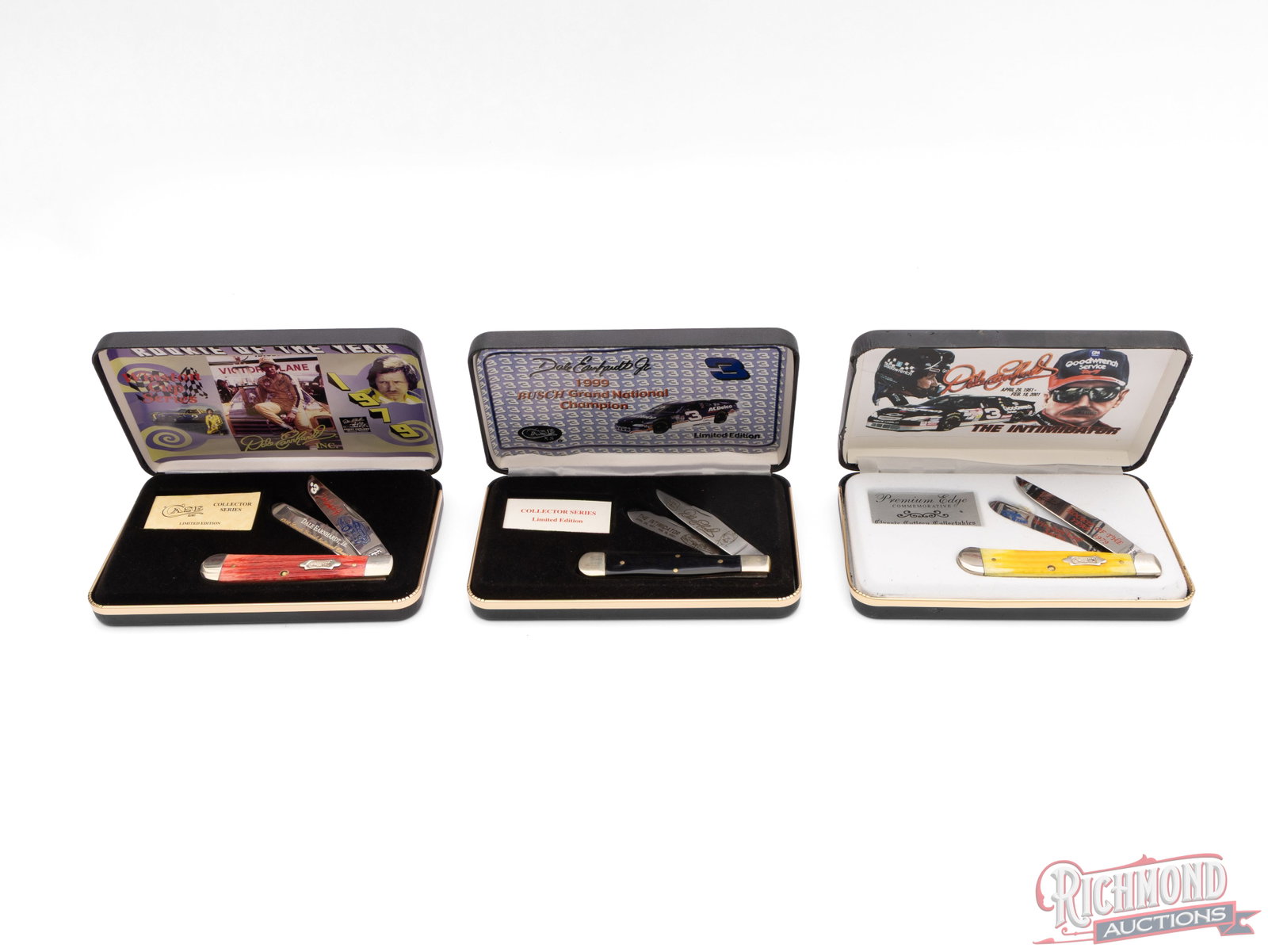 Three Dale Earnhardt Commemorative Collector Folder Knives Two Case XX Trapper - 4