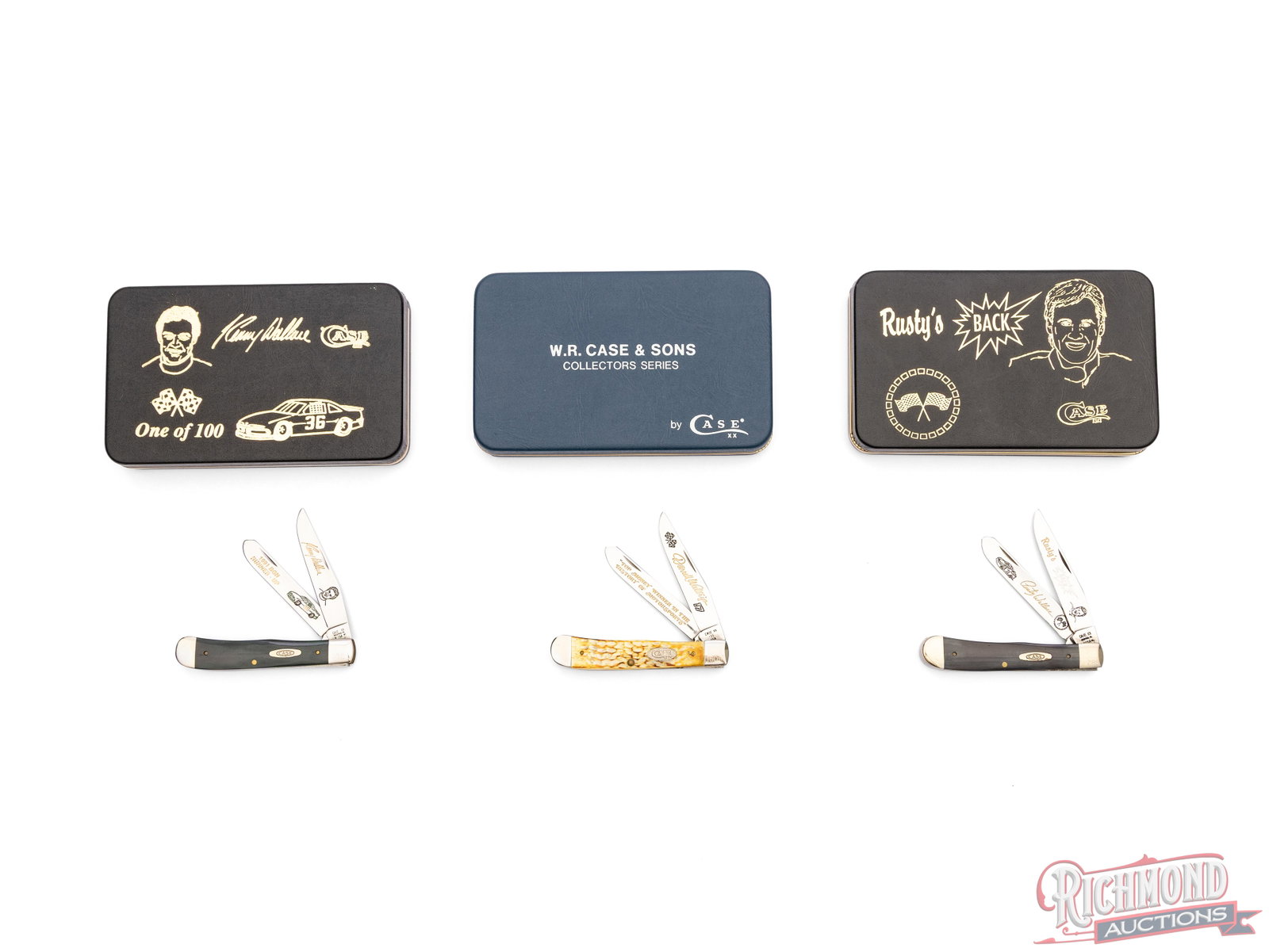 Three Case XX Trapper Folder Knives Commemorative Nascar Legends Limited Edition: All three Case XX Trapper collector knives come in their original boxes with COA. One Kenny Wallace 1991 BGN runner-up with smooth green bone handle. "Kenny Wallace #32" signed on the bottom of the CO