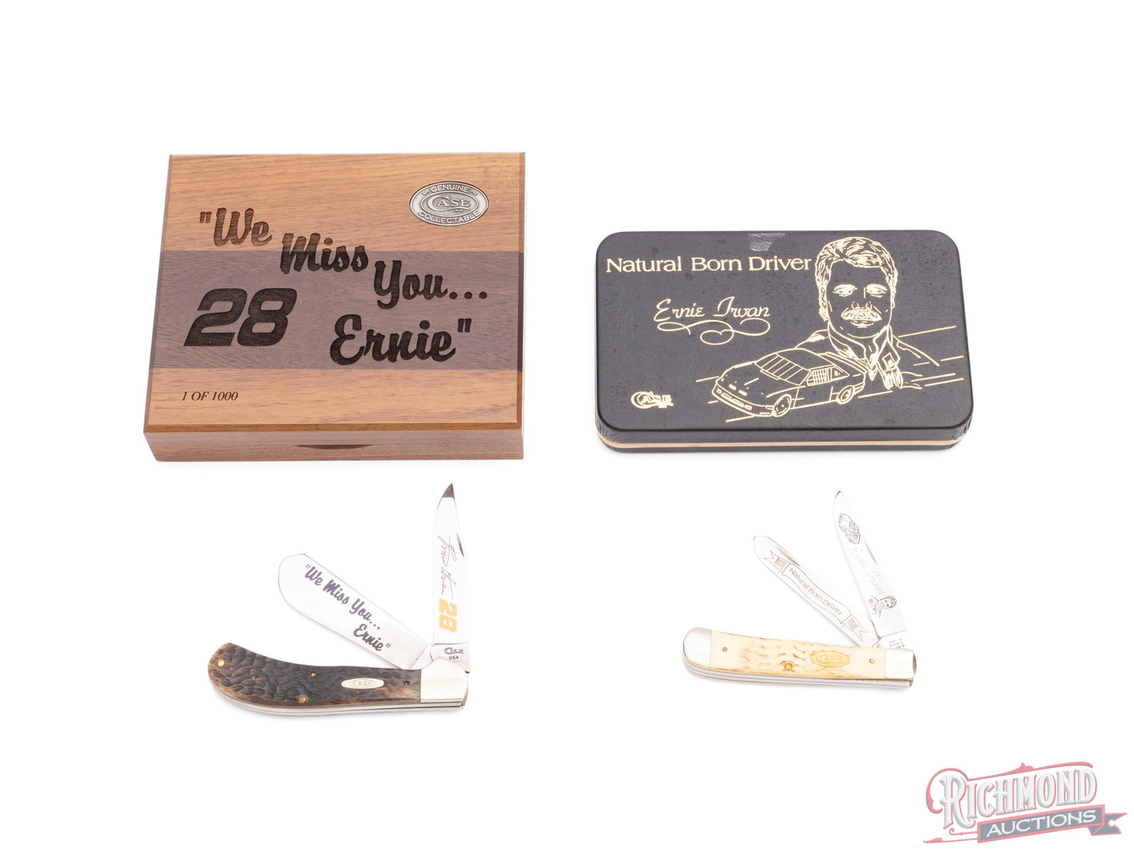 Two Case XX Bone Handle Knives Ernie Irvan Commemoratives in Original Cases: Both knives are Case Ernie Irvan commemoratives, both in their original cases with COA. One model BW6254 Burnt Bone Trapper with exclusive gold shield, two etched blades. One model 62100 SS Trapper