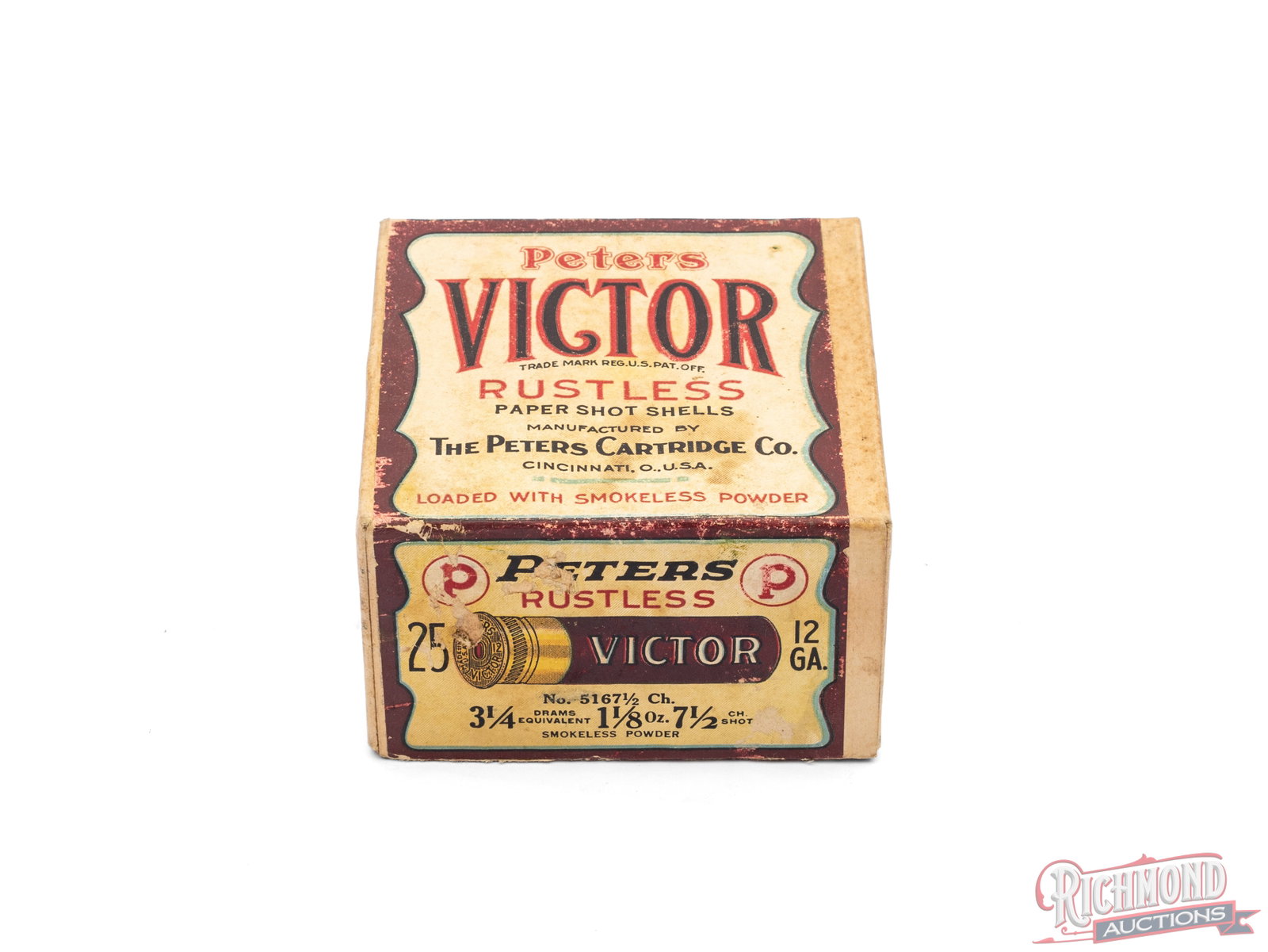 Full Two Piece Box of Peters Victor 12 Gauge Paper Shot Shells: This is a full box of 12 gauge Victor Shells made by the Peters Cartridge Co. Cincinnati, Ohio. Shells are loaded with 7 1/2 Shot label called out "Loaded with smokeless powder". CALIBER/GA: 12 GA.