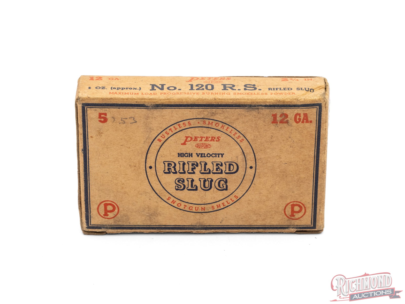 Full 5 count Box of Peters 12 Gauge Rifles Slug Shotgun Shells: This full one piece box contains 5 rifled slugs 2 3/4", made by Peters Cartridge Div, Bridgeport, Conn. The Peters and DuPont logos are on the front label with the call outs "Rustless, Smokeless,