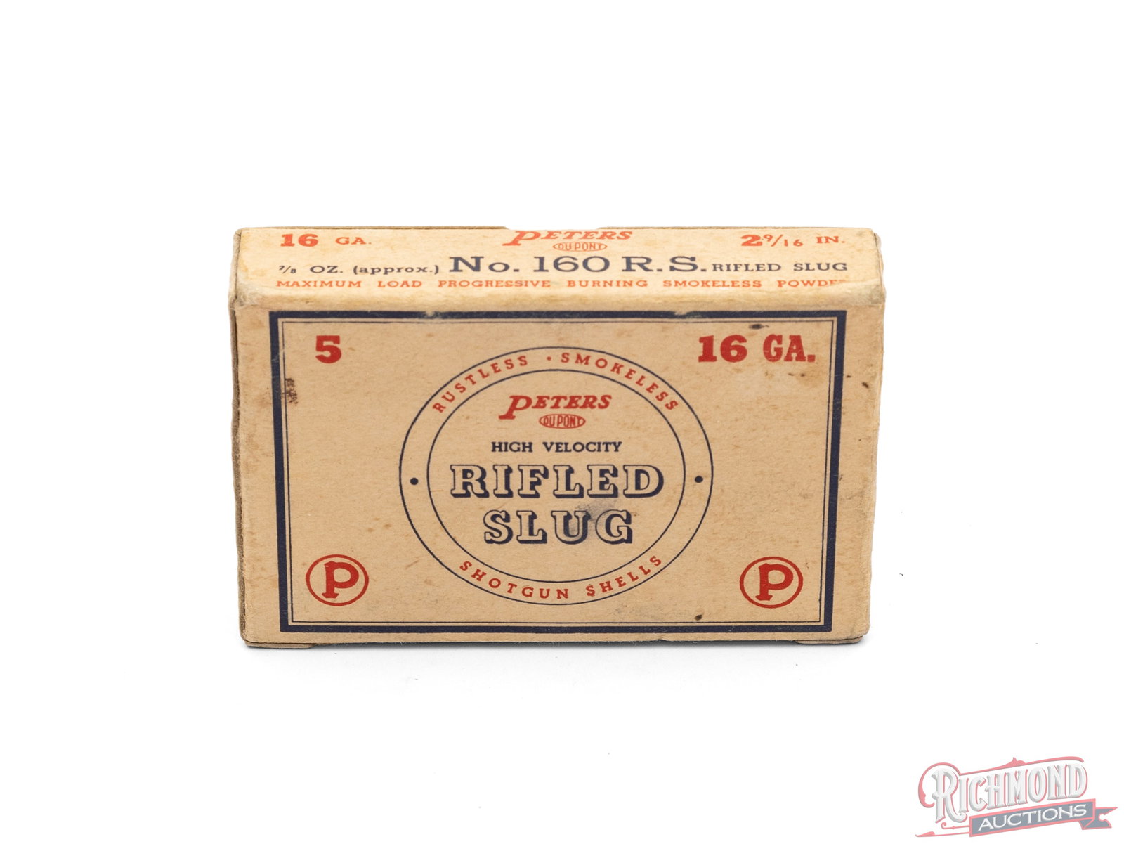 Full 5 Count Box of Peters 16 Gauge High Velocity Rifled Slug 2 9/16" Shotgun Shells: This box of rifled slug shotgun shells was made by Peters Cartridge Division, Bridgeport, Conn. The label features the Peters DuPont logos with the call outs "Rustless, Smokeless, High Velocity".