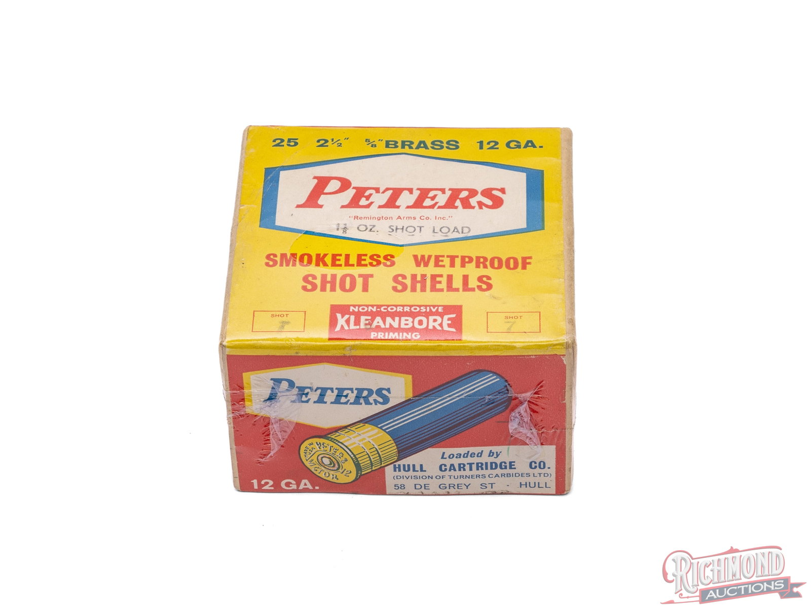 Sealed Two Piece Box Peters Smokeless Wetproof 12 Gauge 2 1/2" Shot Shells: Peters Smokeless Wetproof Shot Shells 12 gauge, 2 1/2" shells 1 1/8 oz, 7 shot sealed two piece box. A hybrid box, Peters paper shells and loaded by the Hull Cartridge Co. LTD., England. This is a