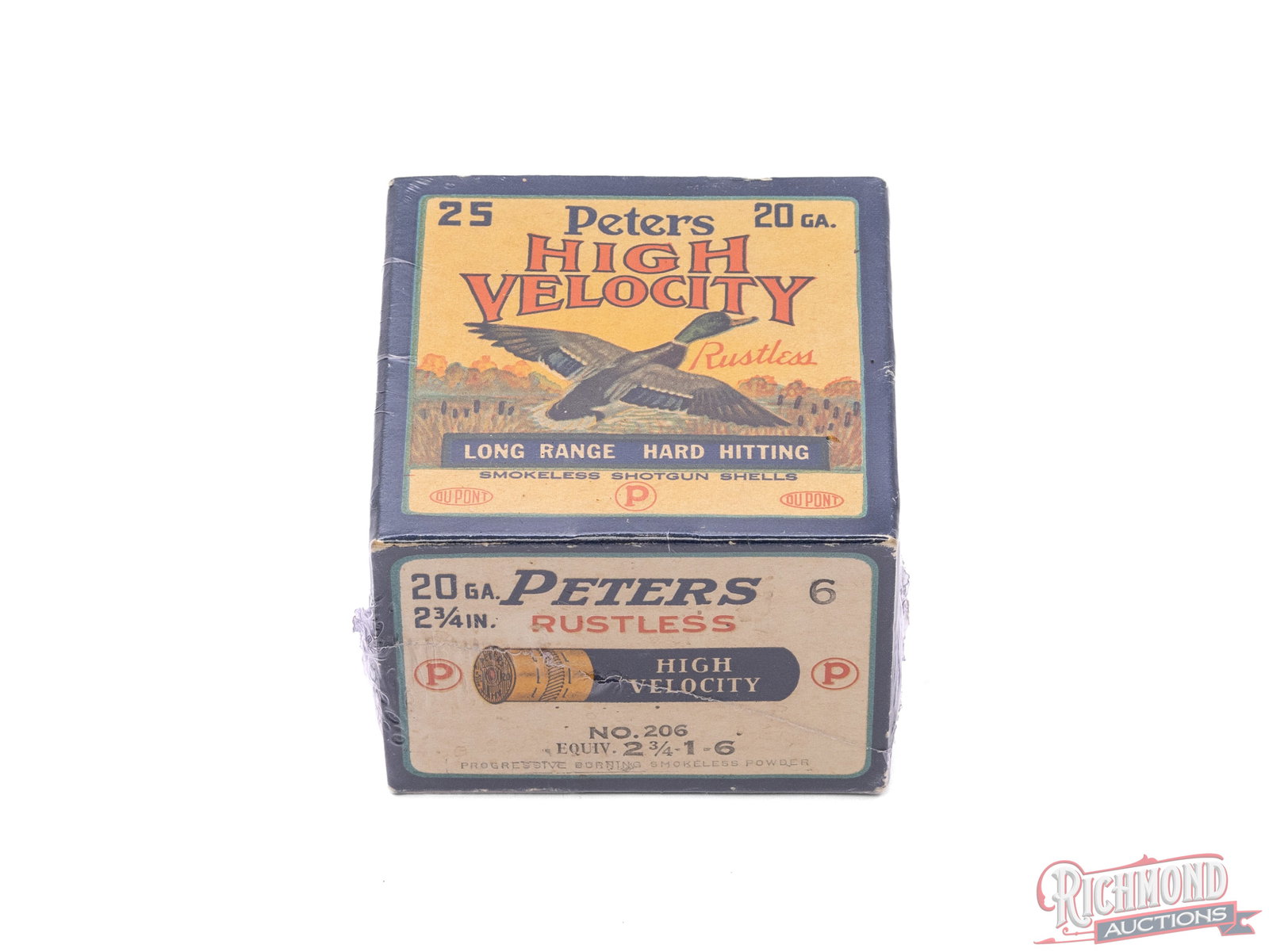 Full Peters High Velocity Rustless 20 Gauge Shell Box: Peters High Velocity, Long Range Hard Hitting 20 gauge 2 3/4" shells, 1 oz #6 shot full box. Peters Cartridge Division, Kings Mills, Ohio. These shells are the older style roll crimped shells, very