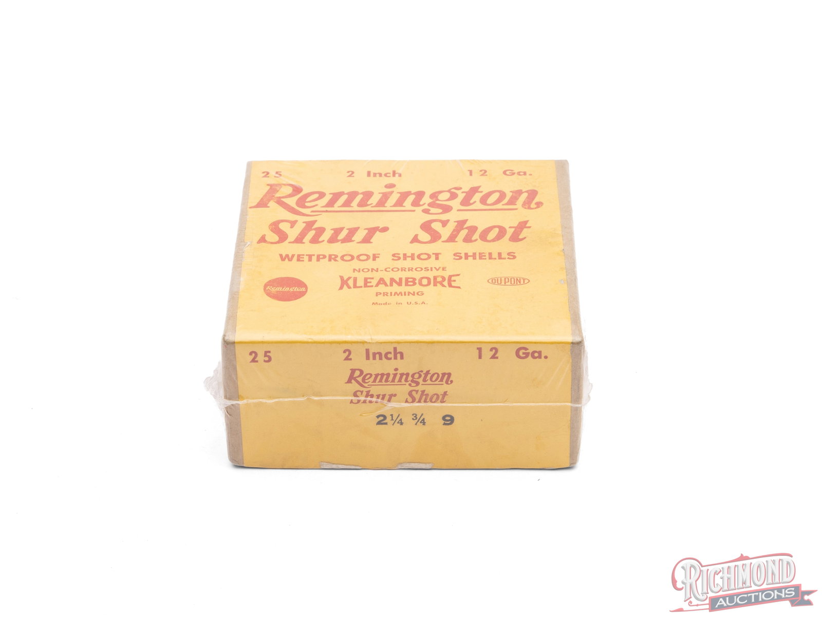 Remington Sur Shot 12 Gauge 2" Wetproof Shot Shell Collector's Two Piece Box: This unique empty two piece box contained 12 gauge Shur Shot shells made by Remington Arms Co. The box is short to contain the 2" shells. the yellow and red label calls out "Wetproof Shot Shells" and