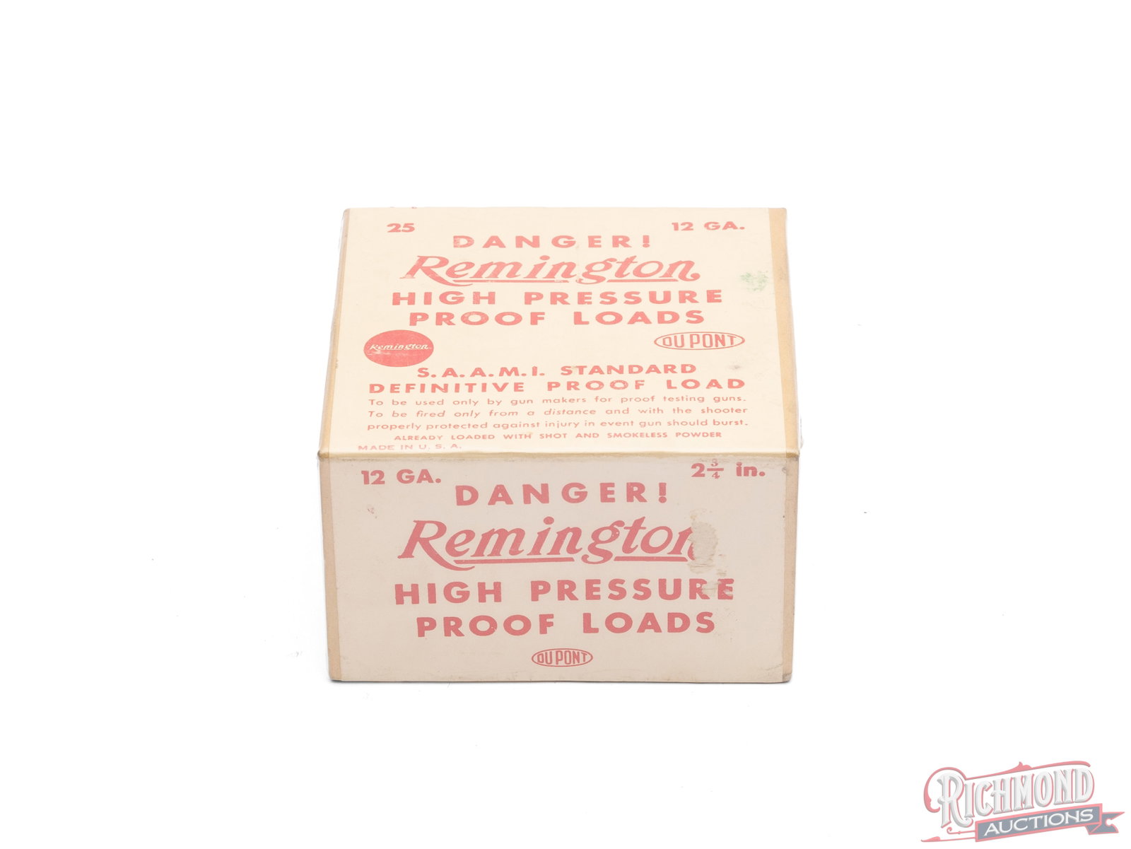 Remington 12 Gauge High Pressure Proof Loads Two Piece Collector's Box: This two piece box contains 12 gauge High Pressure proof loads made by Remington Arms Co. The white label with red lettering states "Danger! High Pressure Proof Loads" and warnings for use only in