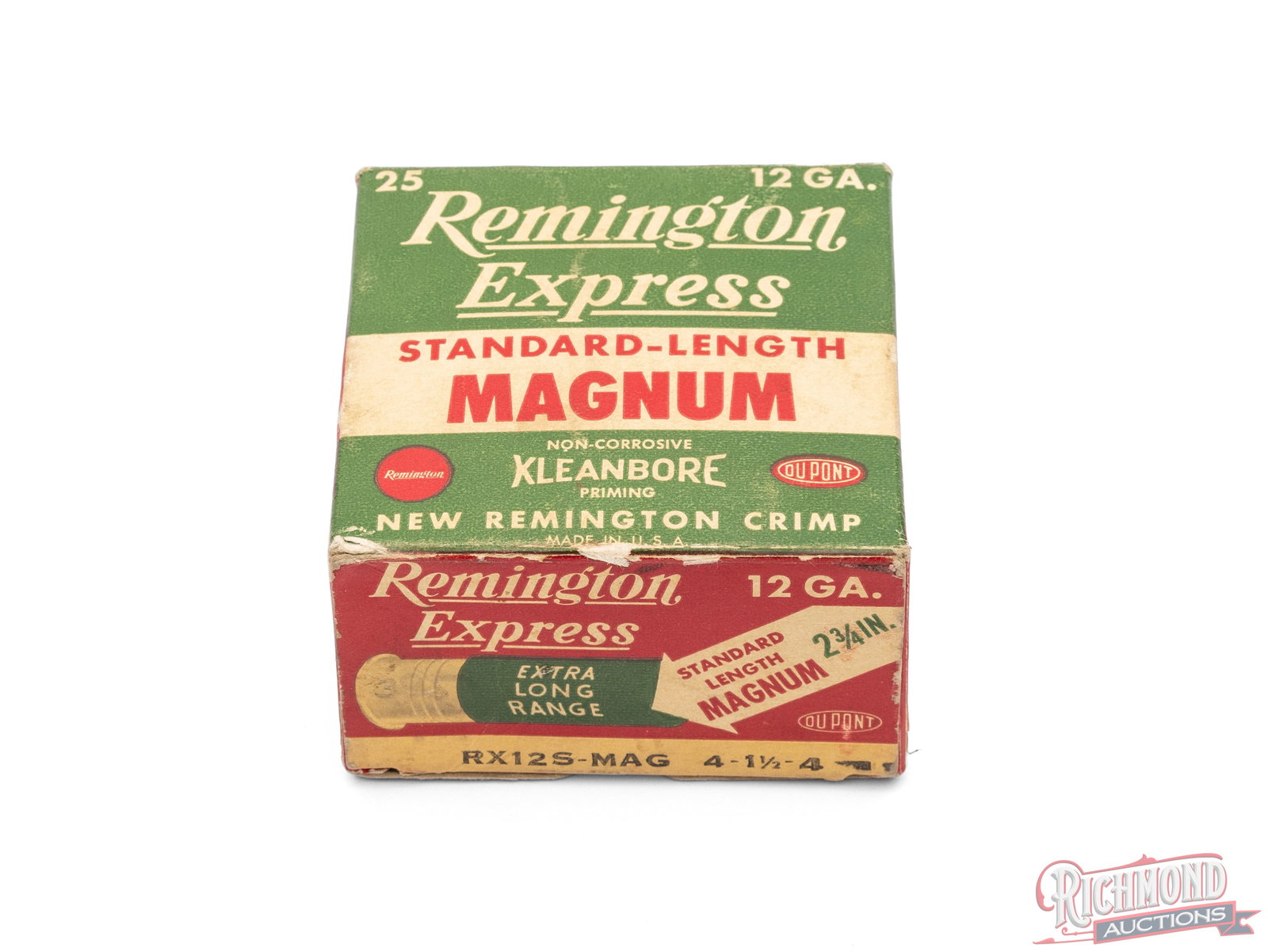Partial Box of Remington Express Standard Length Magnum Shot Shells: This box contains 8 of the 25 correct shells and one incorrect shell. These shells were made by Remington with Kleanbore primer and loaded with DuPont Powder. The box labels these shells as "2 3/4"