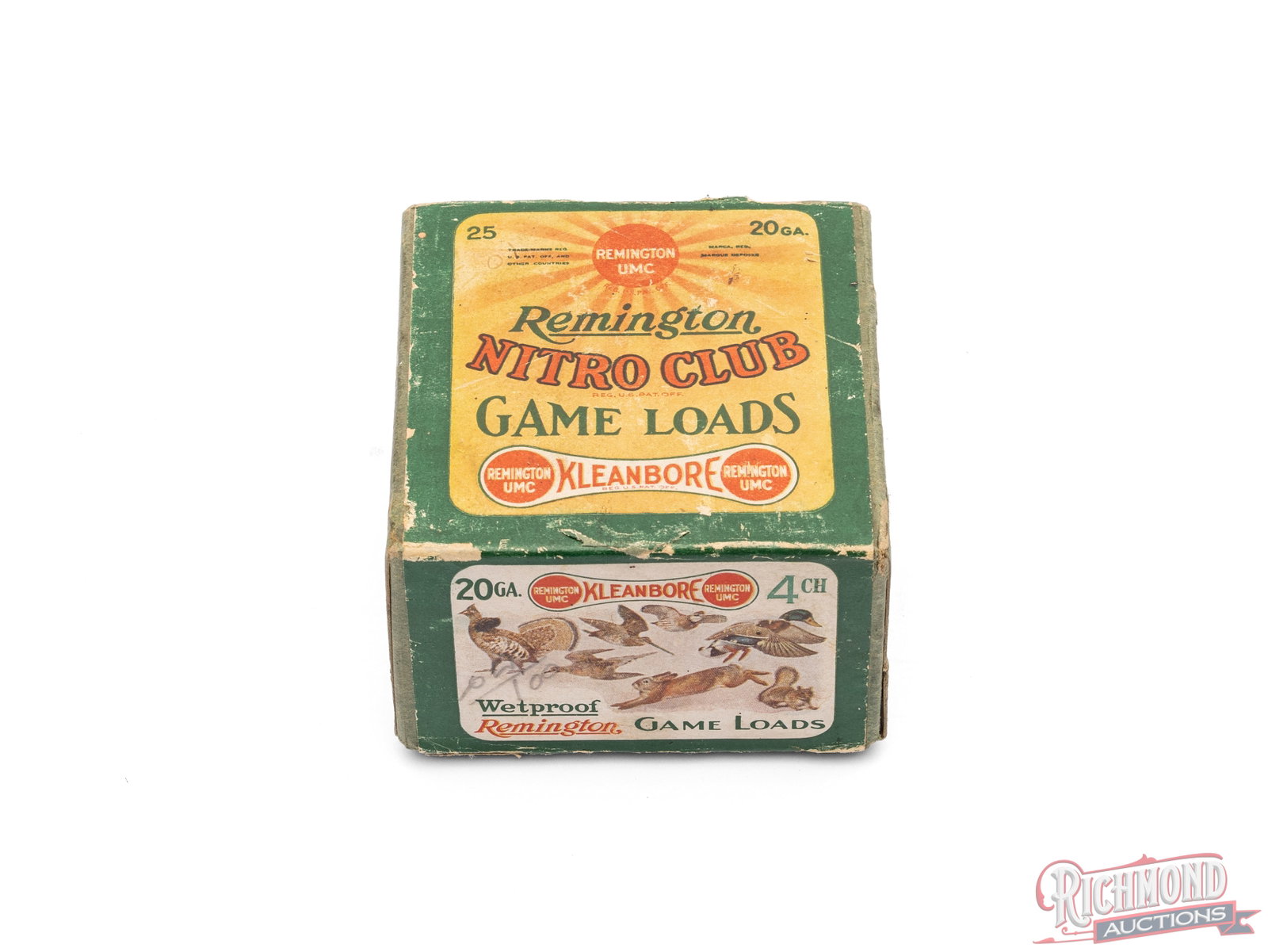 Partial Two Piece Box of Remington Nitro Club 20 Gauge Game Loads With Kleanbore Dogbone: This two piece box contains 24 of the 25 shells of 20 gauge Nitro Club game loads made by Remington. The lid of the box features the sunburst Remington design and the Kleanbore dogbone. Shells