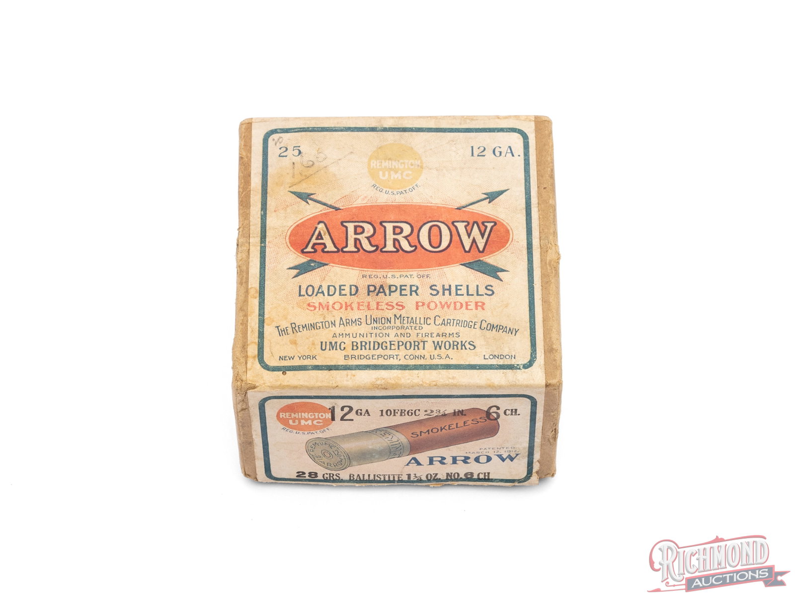 Partial Box of Remington UMC Arrow 12 Gauge Smokeless Loaded Paper Shells Two Piece Box: This box contains 20 of 25 loaded paper 12 gauge shells made by Remington UMC. The two piece box has a white label with blue/green border and "sunburst" design. The label reads "Arrow Loaded Paper