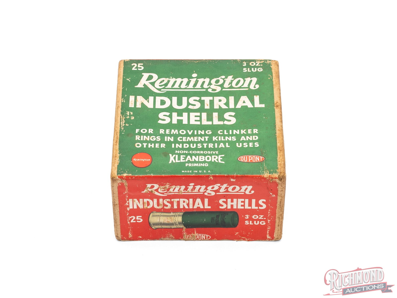 Remington Industrial Shells Two Piece Collectors Box: This is an empty two piece box that contained shells that were used in Kiln Guns for removing kiln rings. The box has a green label on top and red label on the front and states "Industrial Shells For