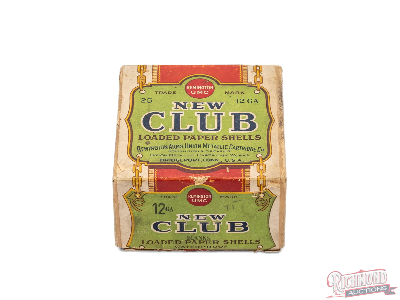 Full Remington UMC New Club "Chain Box" Loaded Paper Shell Box: Remington UMC New Club known as the "Chain Box". This one dates circa 1914-1922. Full Box of 12 Gauge Blank shells loaded with Dupont Black Powder. The box features a Remington Model 10 on the end