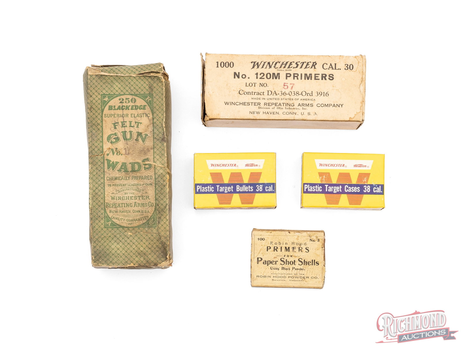 Collectors Lot of Winchester & Robin Hood Primers, Wads, and More: This lot has unique Winchester boxes and one Robin Hood box, some partial and some full. The Robin Hood primer box contains 47 of 100 primers that originally came in this package. Also included in