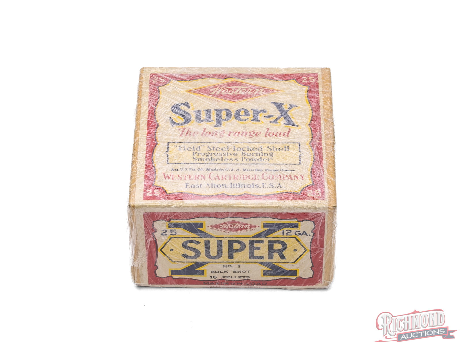 Sealed Two Piece Box of Winchester Super-X 12 Gauge Shells: Western Super-X circa mid 1920's sealed two piece box, 12 gauge Steel Locked shells. Shells are loaded with 1 Buck 16 pellets. Exceptional condition, somewhat difficult to find in 1 Buck. CALIBER/GA: