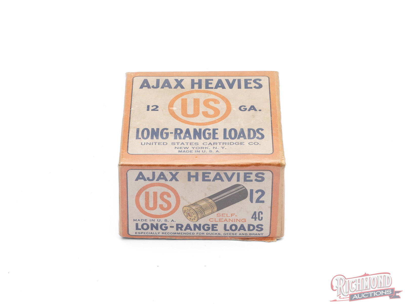 US Cartridge Co. 12 Gauge Ajax Heavies Long-Range Loads Collector's Box: This empty two piece box contained 12 gauge Ajax Heavies long-range loads made by US Cartridge Co. Side labels state "Self-Cleaning" and "Especially Recommended For Ducks, Geese, and Brant".