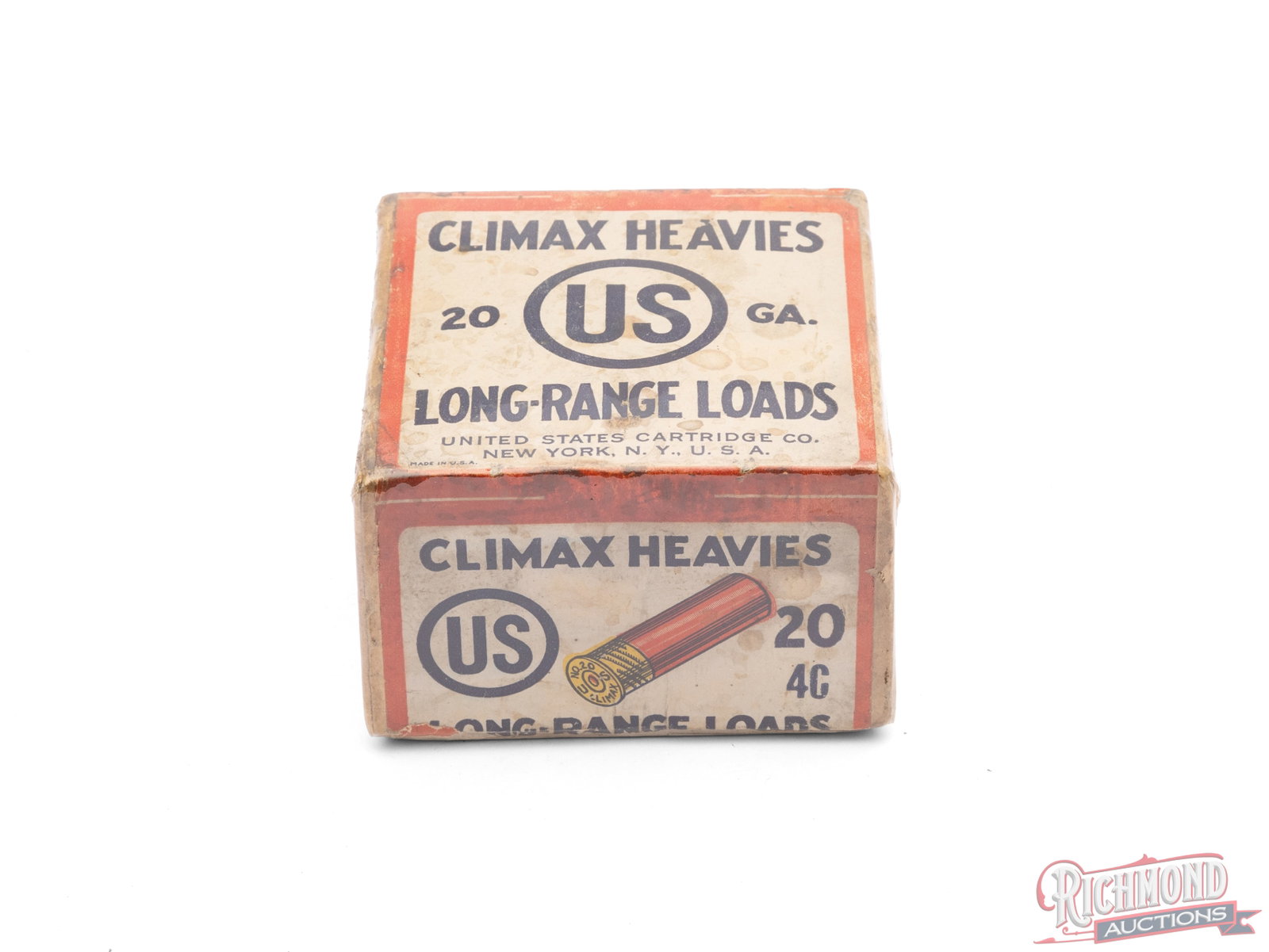US Cartridge Co. 20 Gauge Climax Heavies Long-Range Loads Collector's Box: This empty two piece box contained 20 gauge Climax Heavies shells made by US Cartridge Co.. New York, NY. The white and orange label states #4 chilled shot and "Long-Range Loads". Bottom half of box