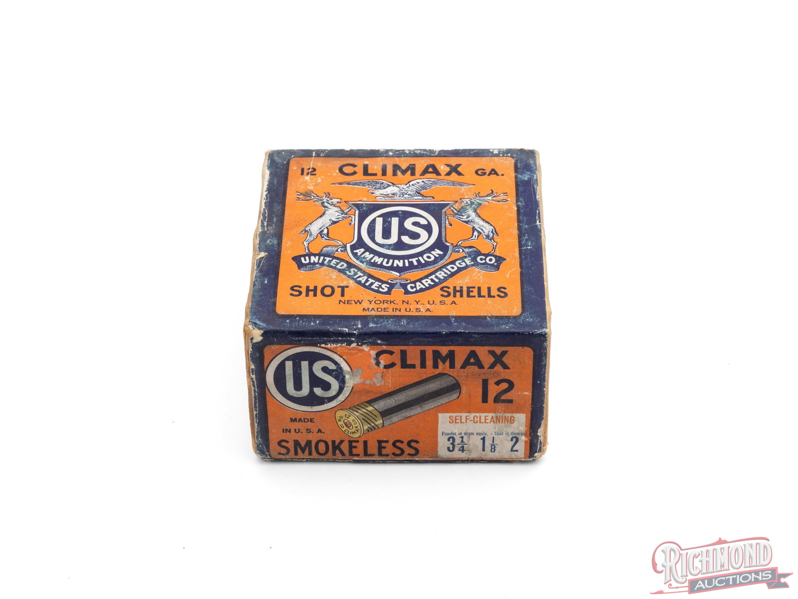 Full Box of US Ammunition Climax 12 Gauge Smokeless Shot Shells: This is a full two piece box of 12 gauge shot shells made by US Cartridge Co. New York, NY. The box features a bright orange and blue label with the US ammunition logo on top. There are call outs of