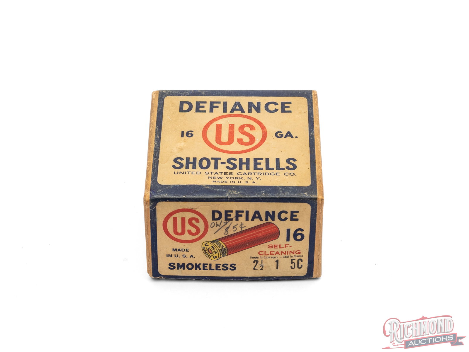 US Cartridge Co. 16 Gauge Defiance Shot-Shells Collectors Box: This is an empty two piece box that contained 16 gauge Defiance shells made by US Cartridge Co., New York, NY. The label states #5 Chilled shot, Self-cleaning Shells. CALIBER/GA: 16 GA. Condition FAIR