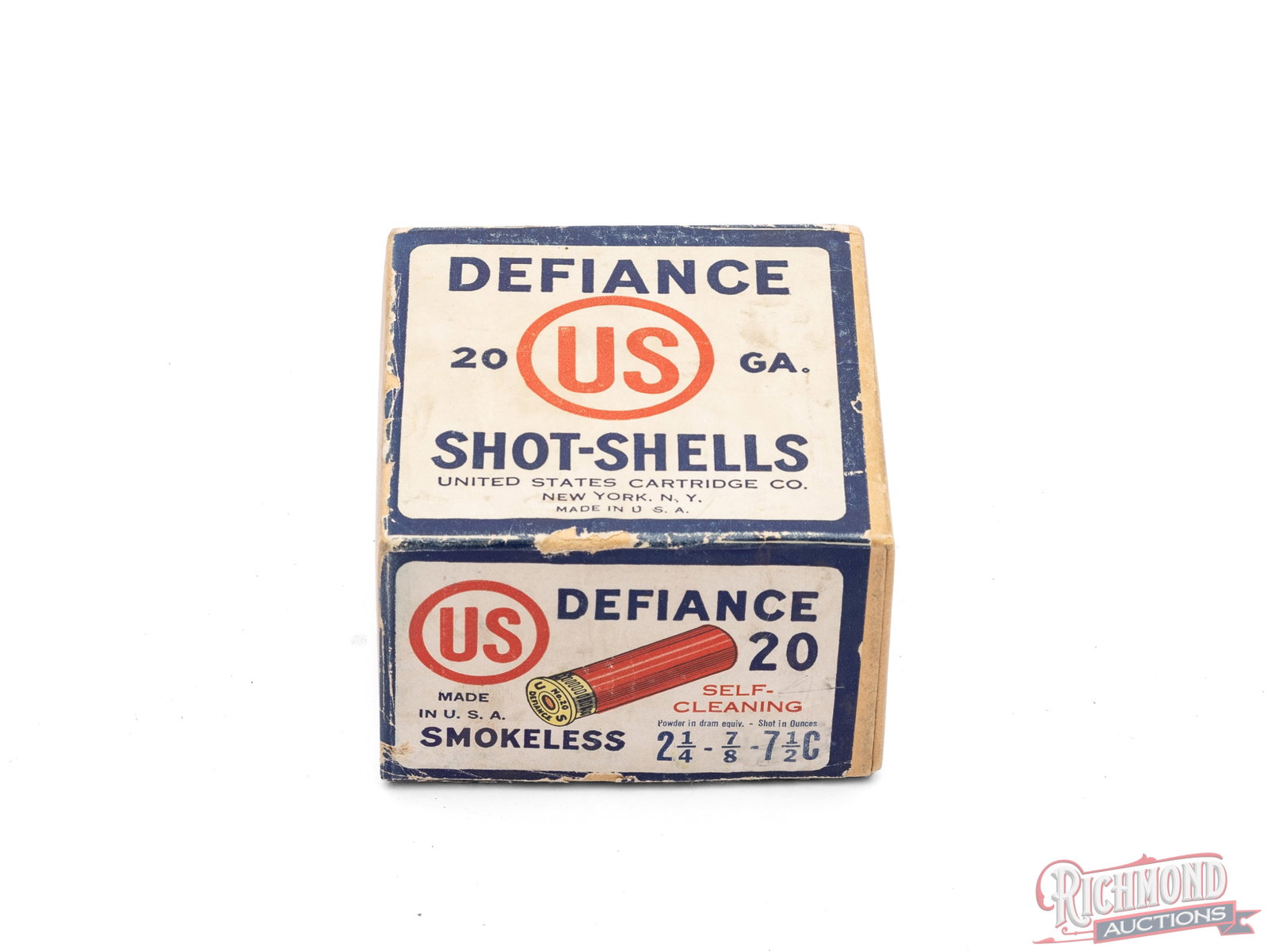 US Cartridge Co. Defiance 20 Gauge Collector's Shell Box: This is an empty box of 20 gauge Defiance shot-shells made by US Cartridge Co. This two piece box has the call out of "Self-Cleaning" and #7 1/2 chilled shot. CALIBER/GA: 20 GA. Condition GOOD