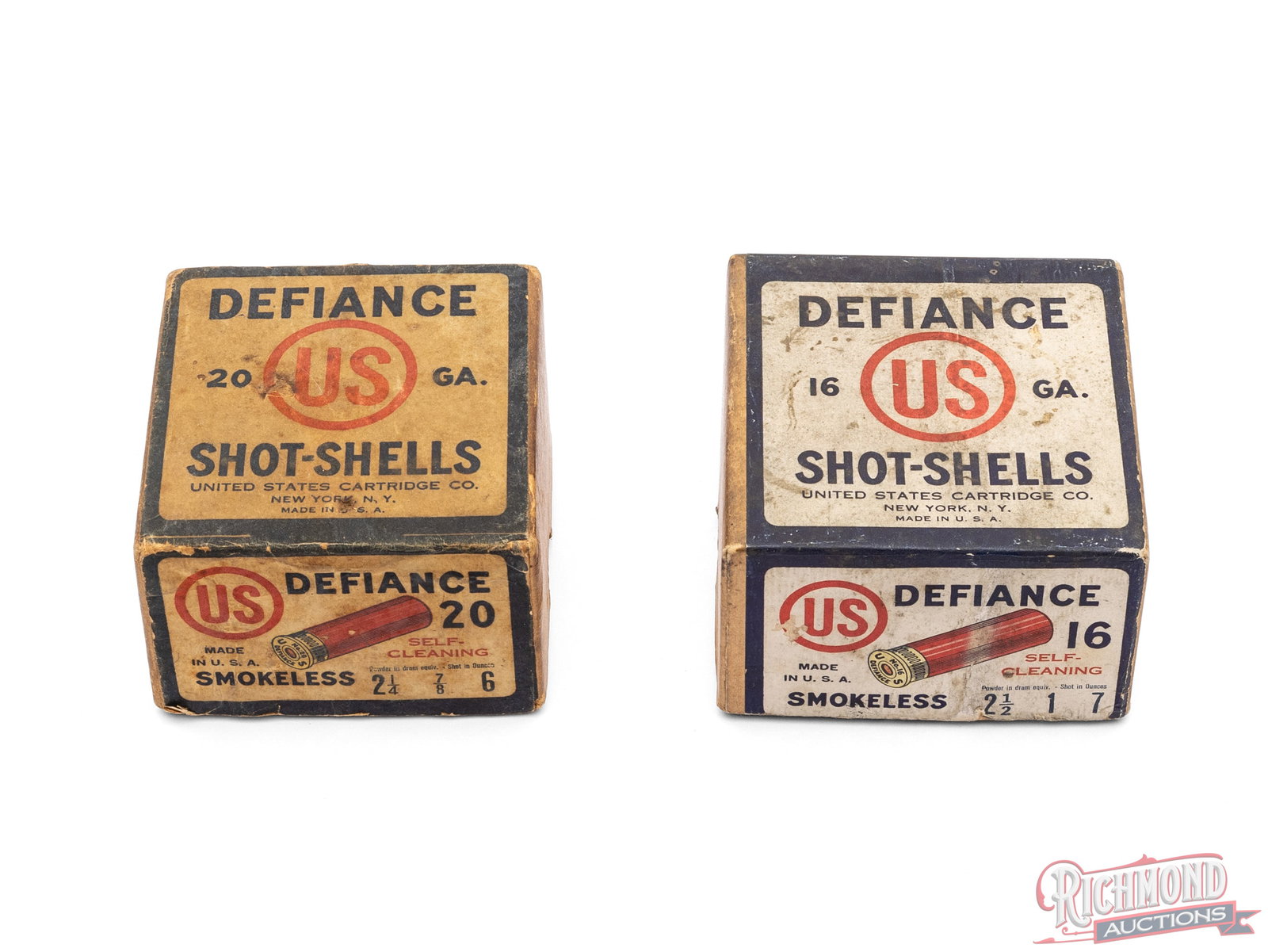 Two US Cartridge Co. Defiance 16 And 20 Gauge Two Piece Collector's Shell Boxes (1 of 2)