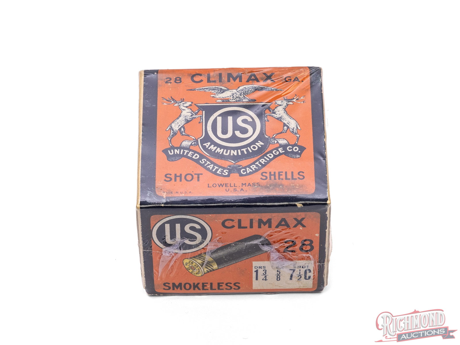 Sealed US Cartridge Co. Climax 28 Gauge Two Piece Shell Box: United States Cartridge Company, Lowell, Mass. This box was loaded prior to USC Co. being purchased by Winchester Repeating Arms, Co. This is a SEALED two piece box, 28 gauge 1 3/4 Drs, 5/8 oz, 7 1/2