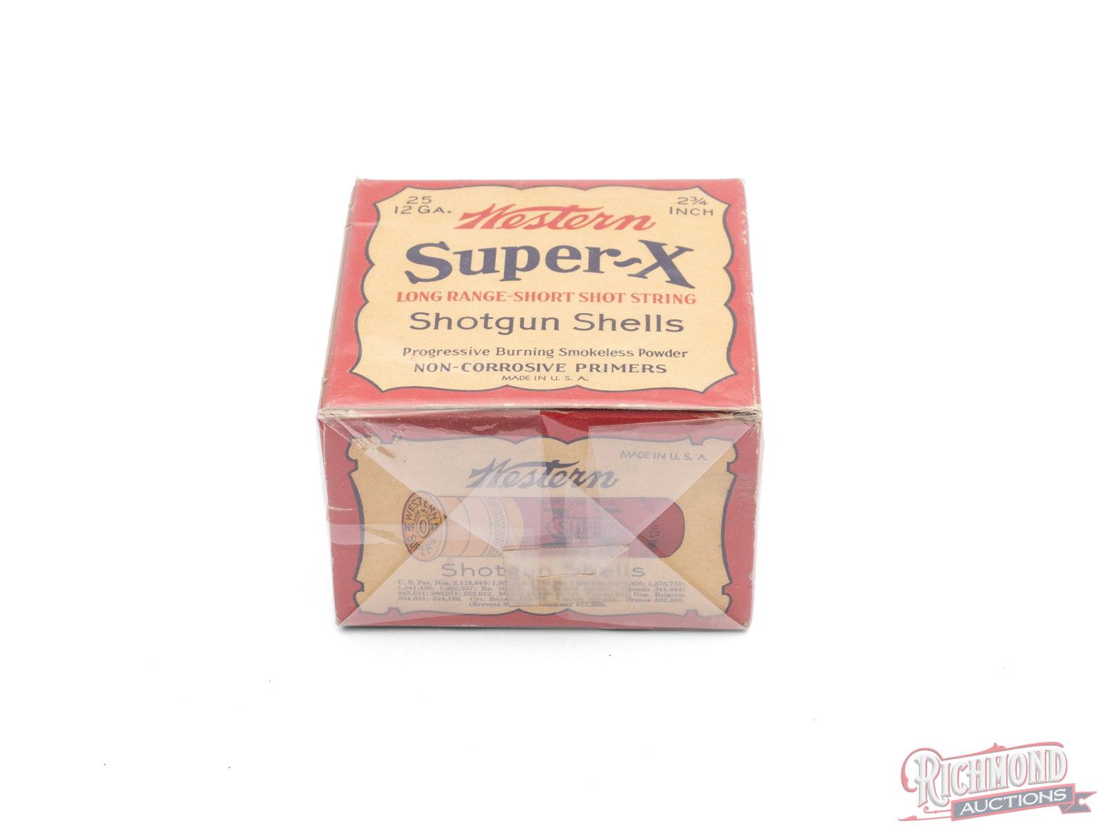 Western Super-X 12 Gauge Long Range-Short Shot String Shotgun Shells Collector's Box: This is an empty box of 12 gauge Super-X Shotgun Shells made by Western Cartridge Co. This one piece box calls out "Long Range-Short Shot String" and "Progressive Burning Smokeless Powder". Condition