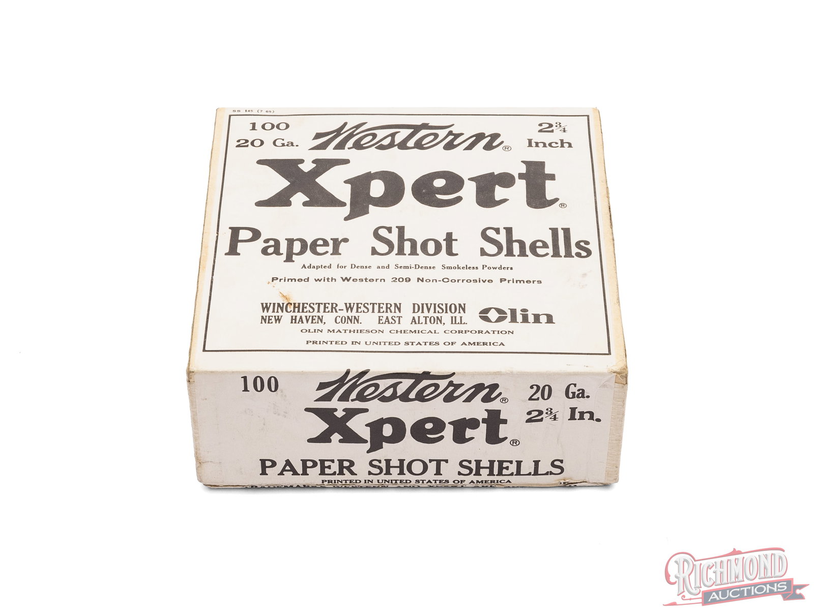 Partially Sealed 100 Count Box of Western Xpert 20 Gauge 2 3/4" Paper Shot Shells: This two piece box contains 100 count 20 gauge Xpert paper shot shells made by Winchester-Western Division. The box features a white label with black lettering that wraps around the box with seal
