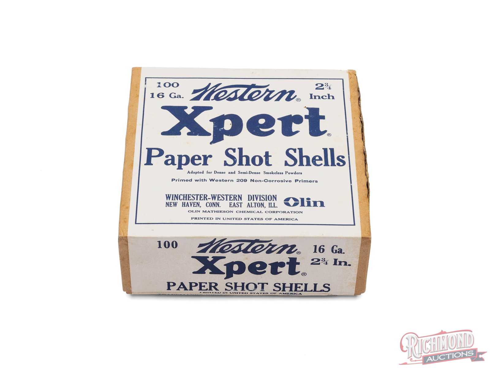 Sealed 100 Count Box of Western Xpert 16 Gauge 2 3/4" Paper Shot Shells: This is a sealed 2 piece box that contains 100 count 16 Gauge 2 3/4" Xpert Paper Shot Shells made by Winchester-Western Div. The box features a white label with blue lettering with the call outs