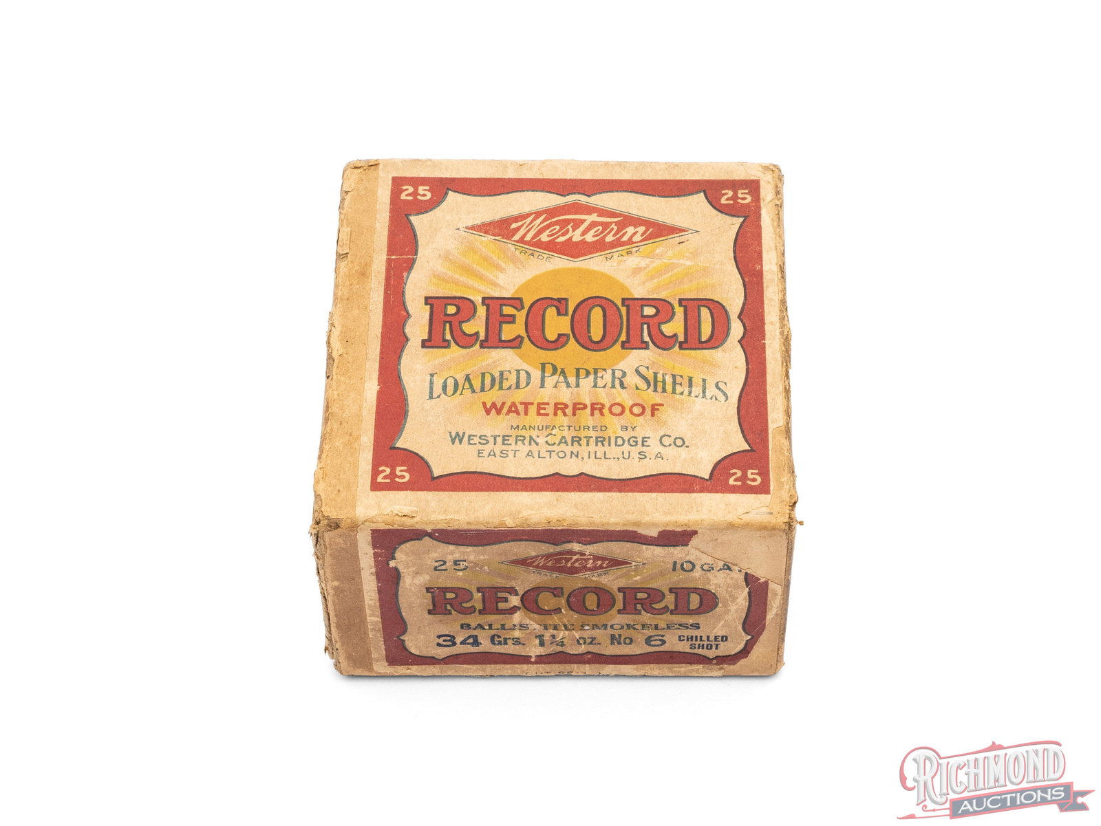 Full 10 Gauge Western Record Loaded Paper Waterproof Smokeless Shells Two Piece Box: This is a full box of Western 10 gauge paper shot shells made by Western Cartridge Co. The two piece box has a white label with red border and states "Record Loaded Paper Shells Waterproof, Ballistic