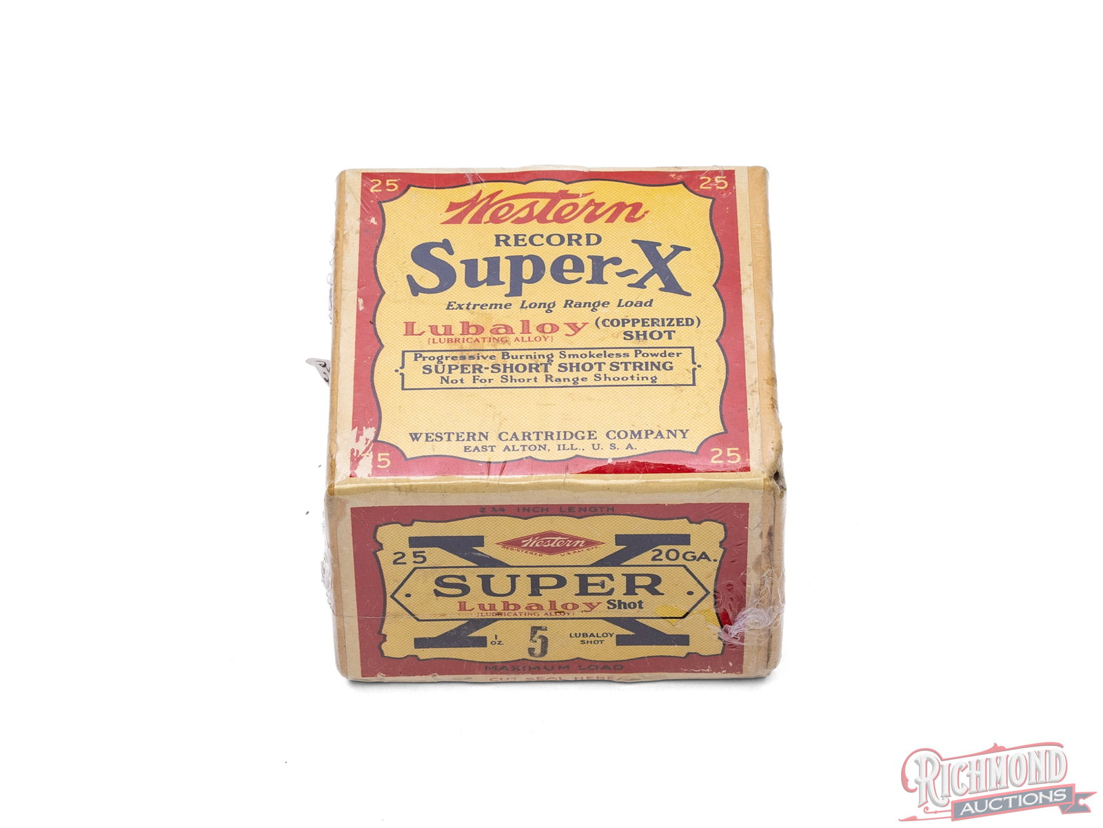 Sealed Western Record Super-X 20 Gauge Two Piece Box: Western Super-X "Record" SEALED two piece box, 20 Gauge Shells, 1 oz, #5 "Lubaloy" Shot. This box has the callout for "Extreme Long Range Load", Lubaloy (copperized shot) also known as a Lubricating